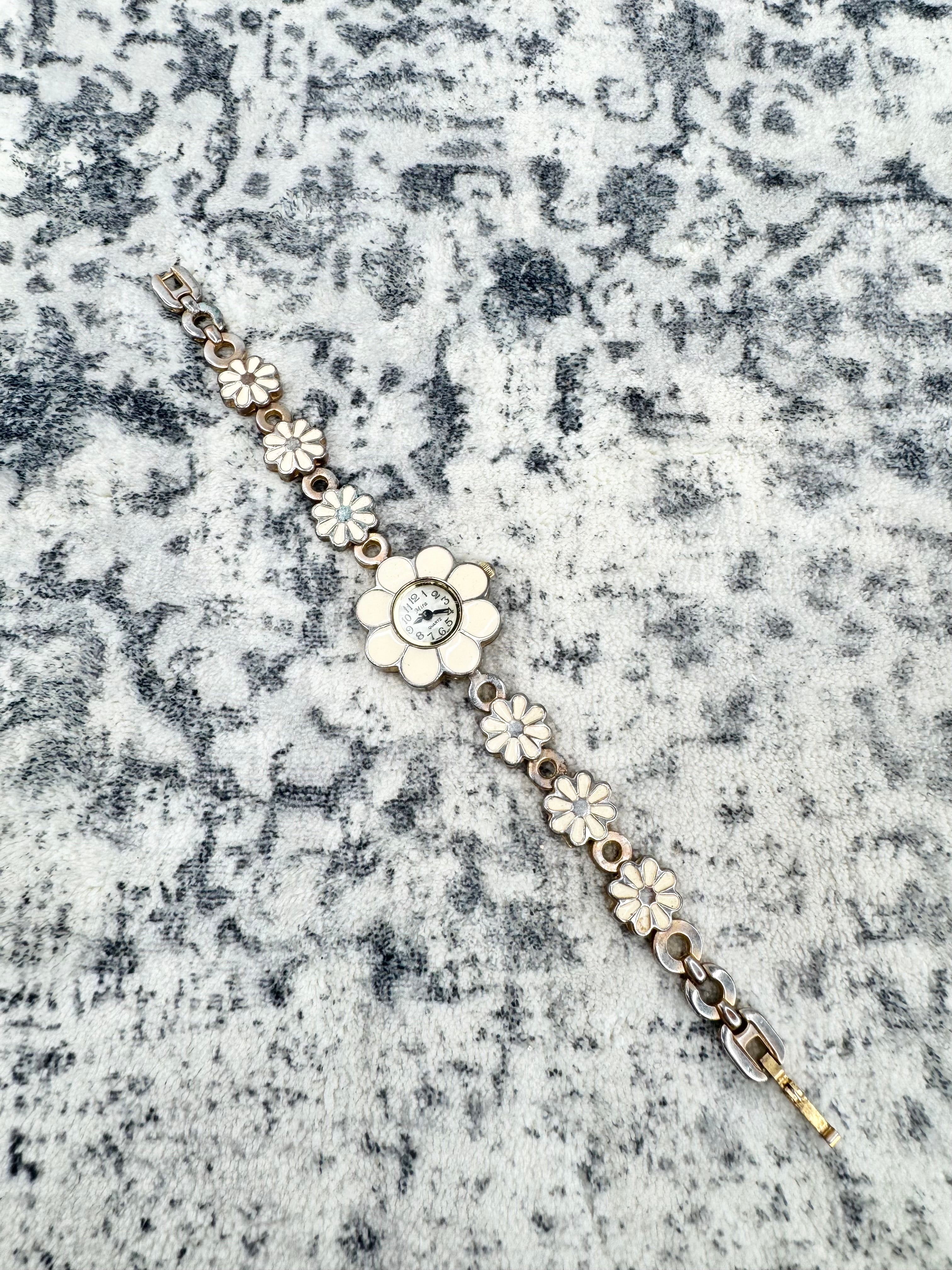 Mira Silver & Faded Gold Enamel Daisy Watch