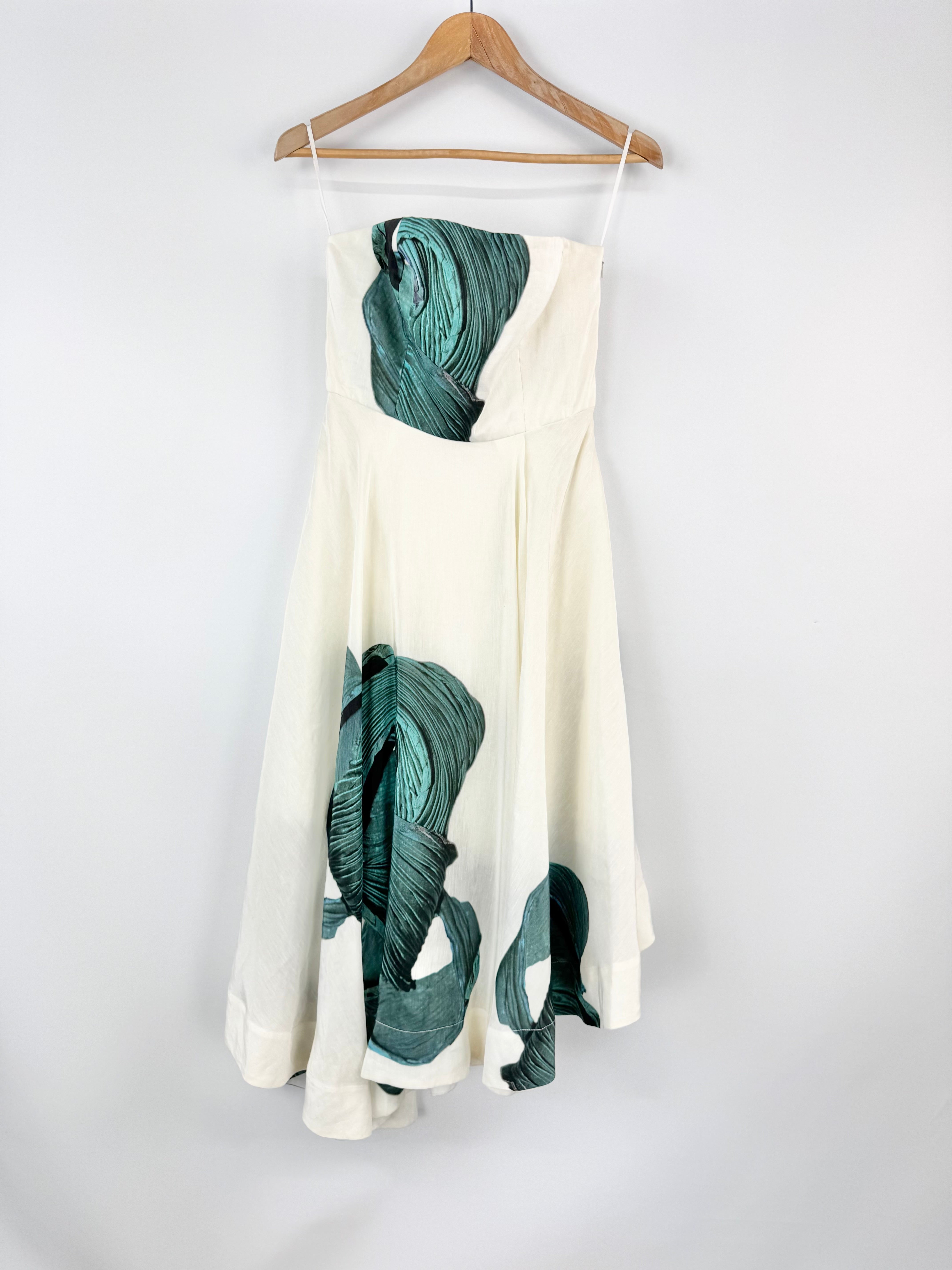 Tibi Off White and Holographic Teal Patterned Strapless Dress - AU6