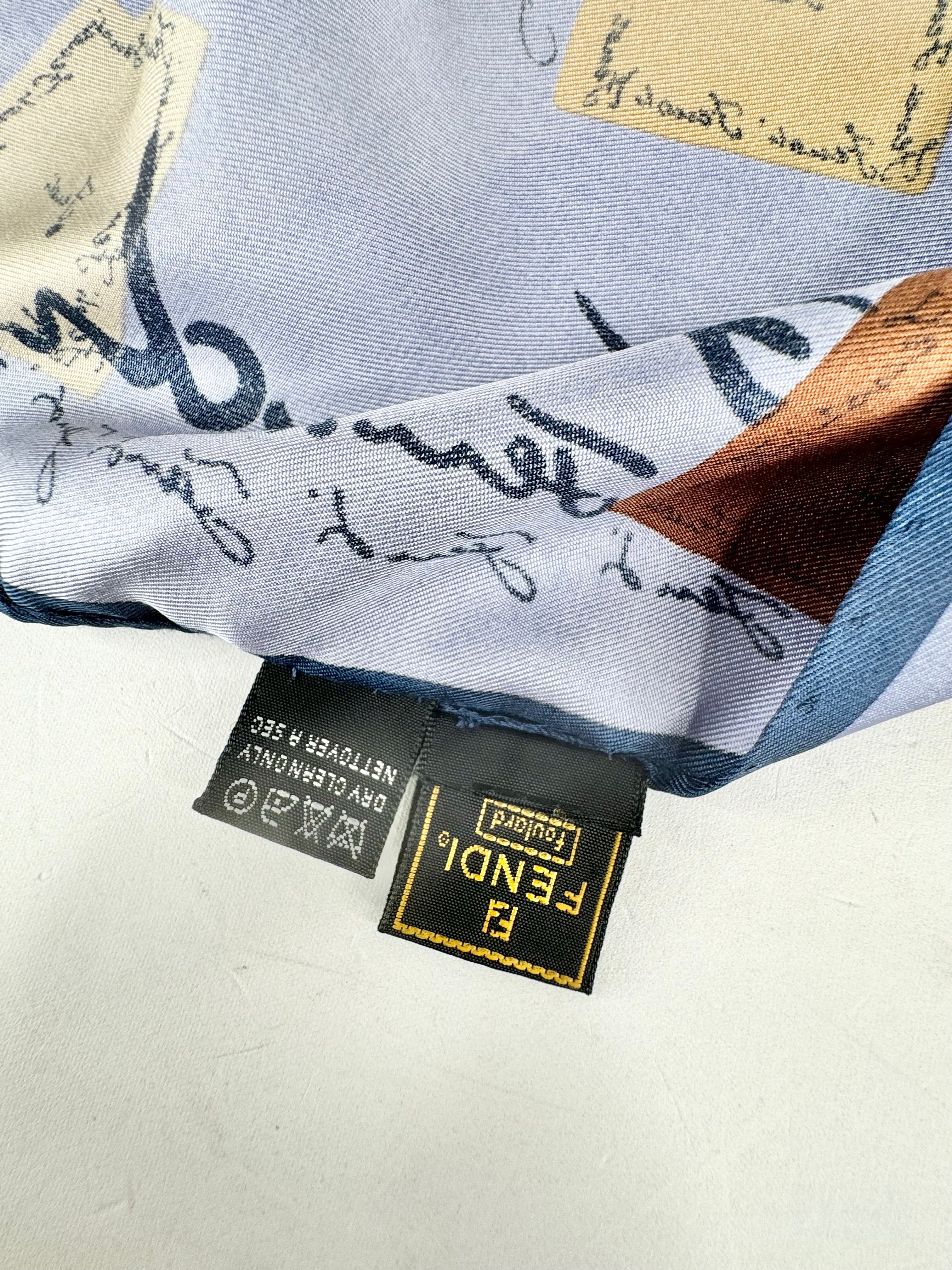 Fendi Foulard Blue Silk Handbag Print Square Scarf