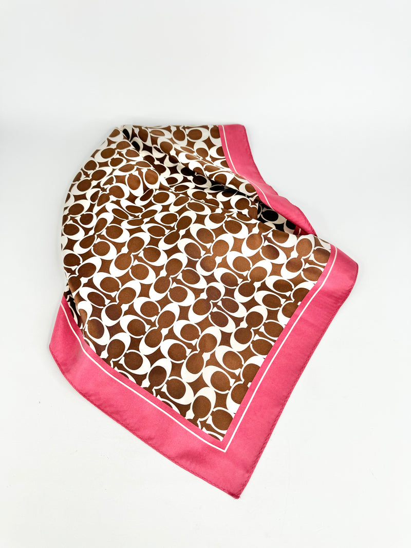Coach Chocolate & Rose Pink Silk Logo Scarf