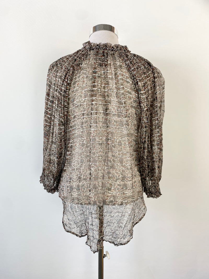 Isabel Marant Silk & Lurex Patterned Sheer Peasant Blouse - AU12