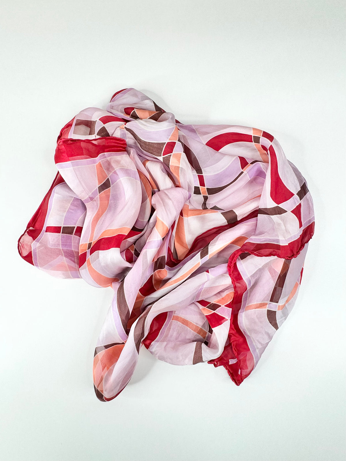 Retro Patterned Red & Lavender Hand-Rolled Silk Scarf