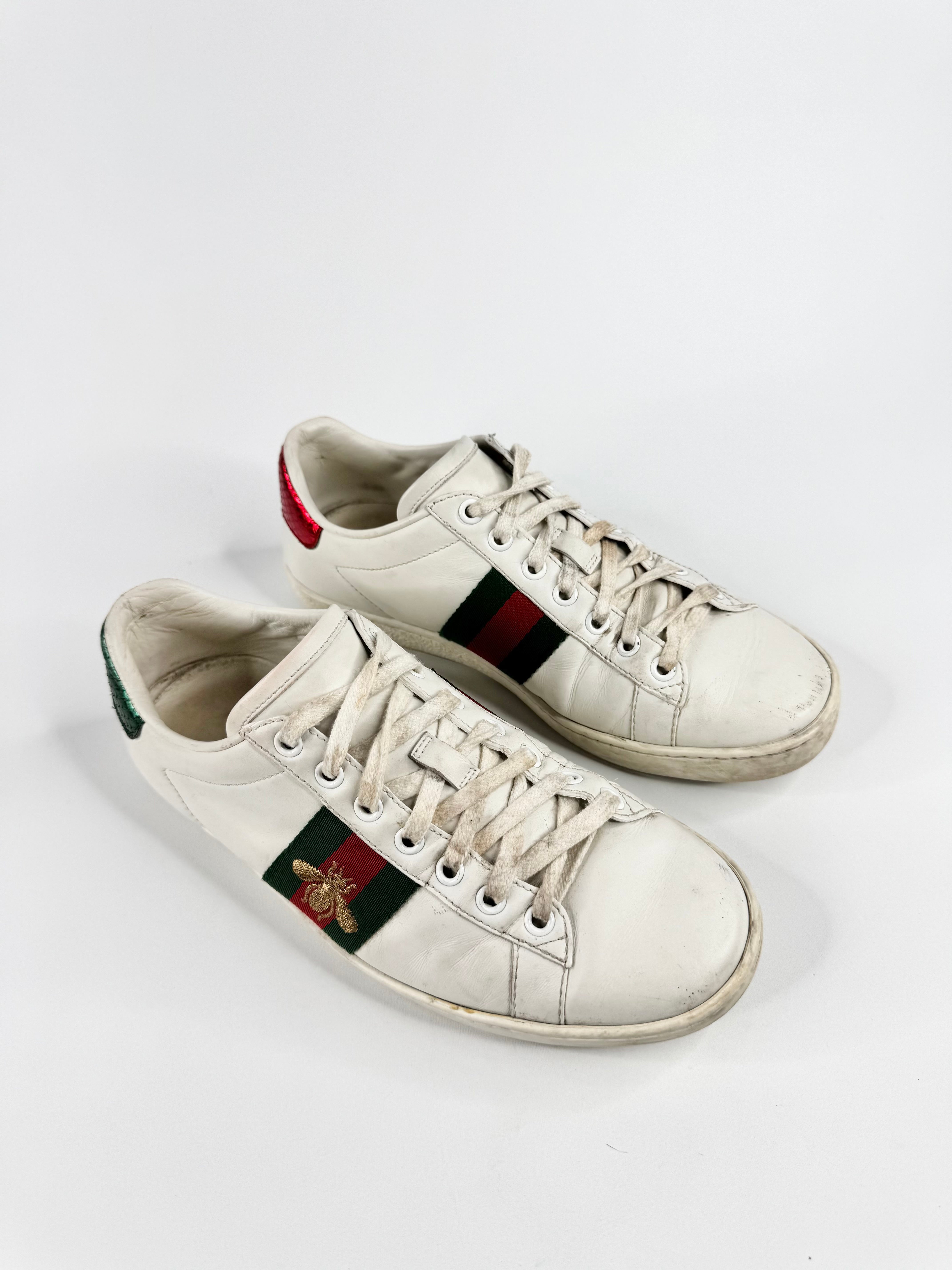 Gucci White Leather 'Ace' Bee Embroidered Sneakers - EU36.5