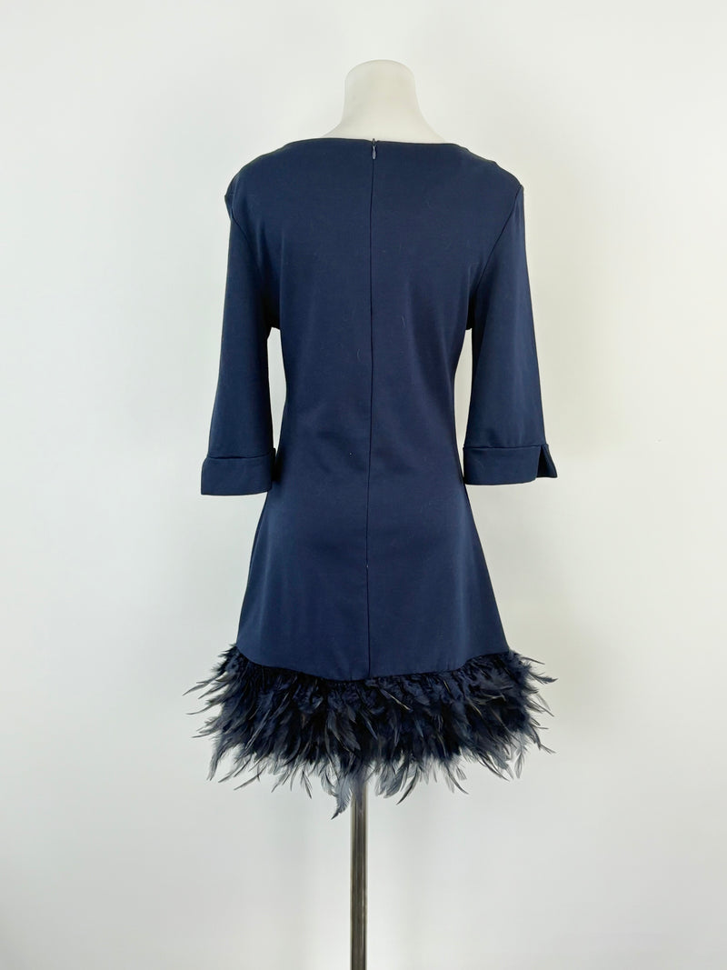 Clotilde Navy Blue Feather-Fringed Midi Dress - AU8/10