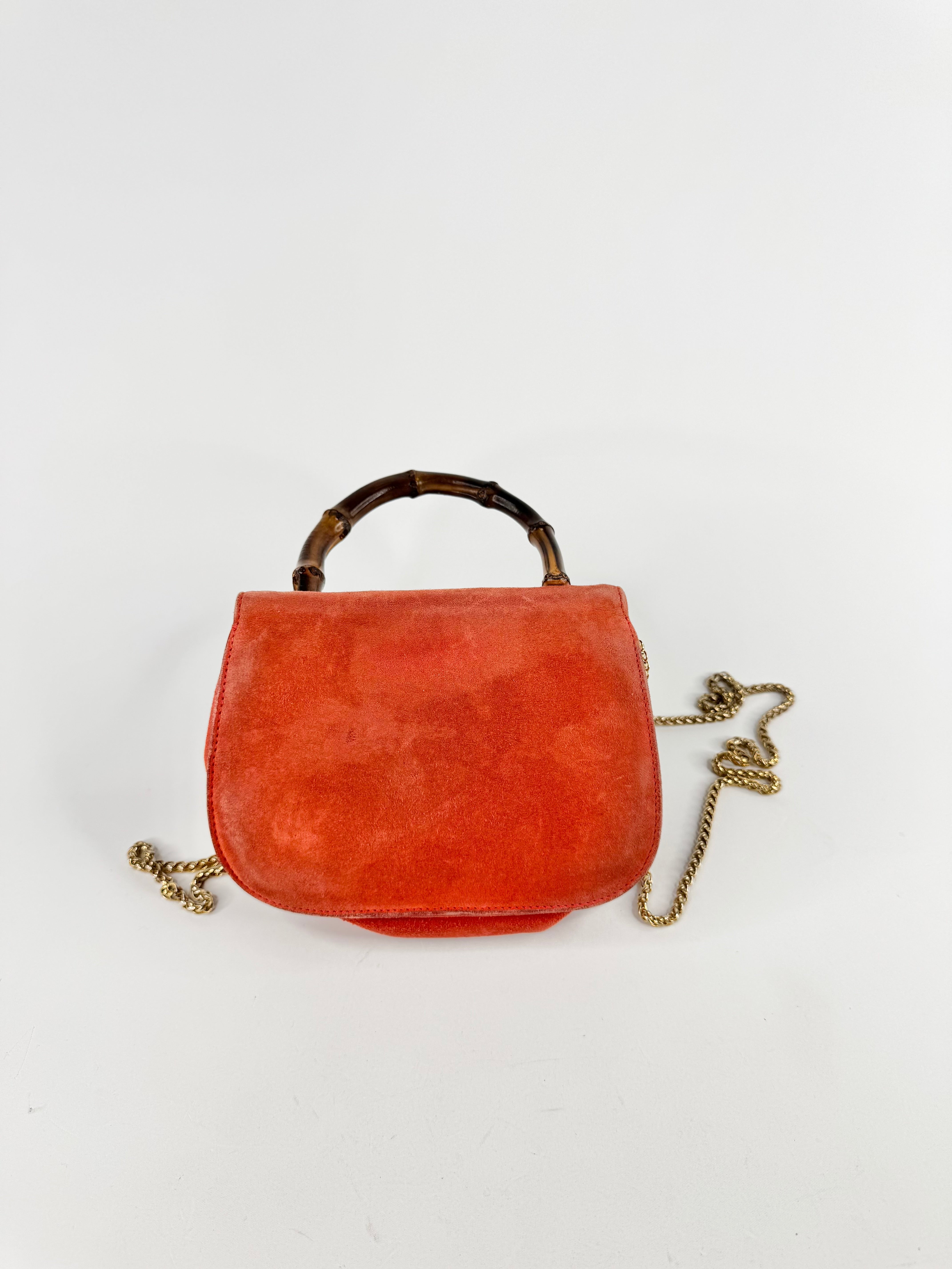Vintage Gucci Mini Orange Sorbet Suede Bamboo Cross Body Bag