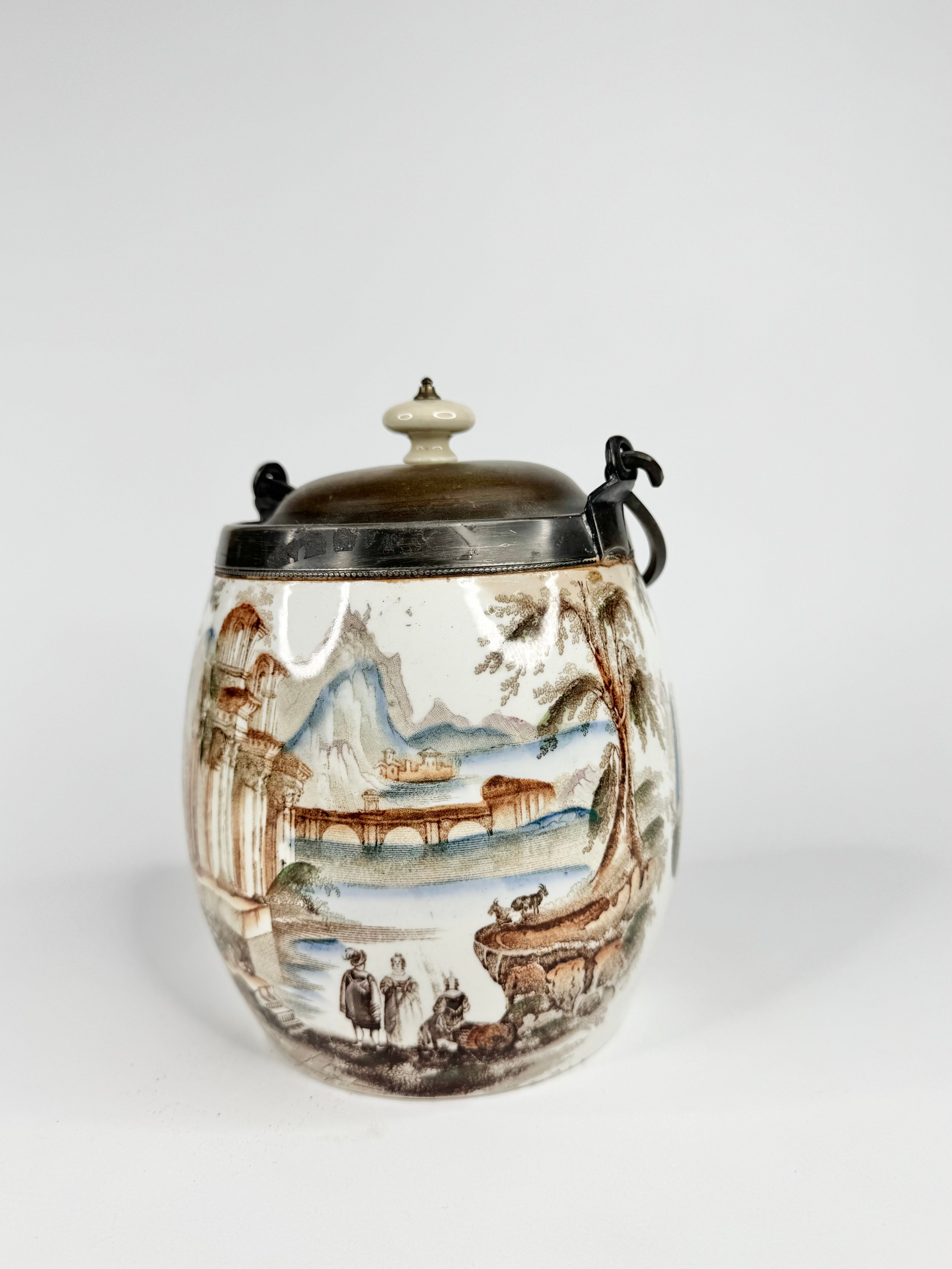 Vintage Transferware Biscuit Barrel with Metal Lid & Handle