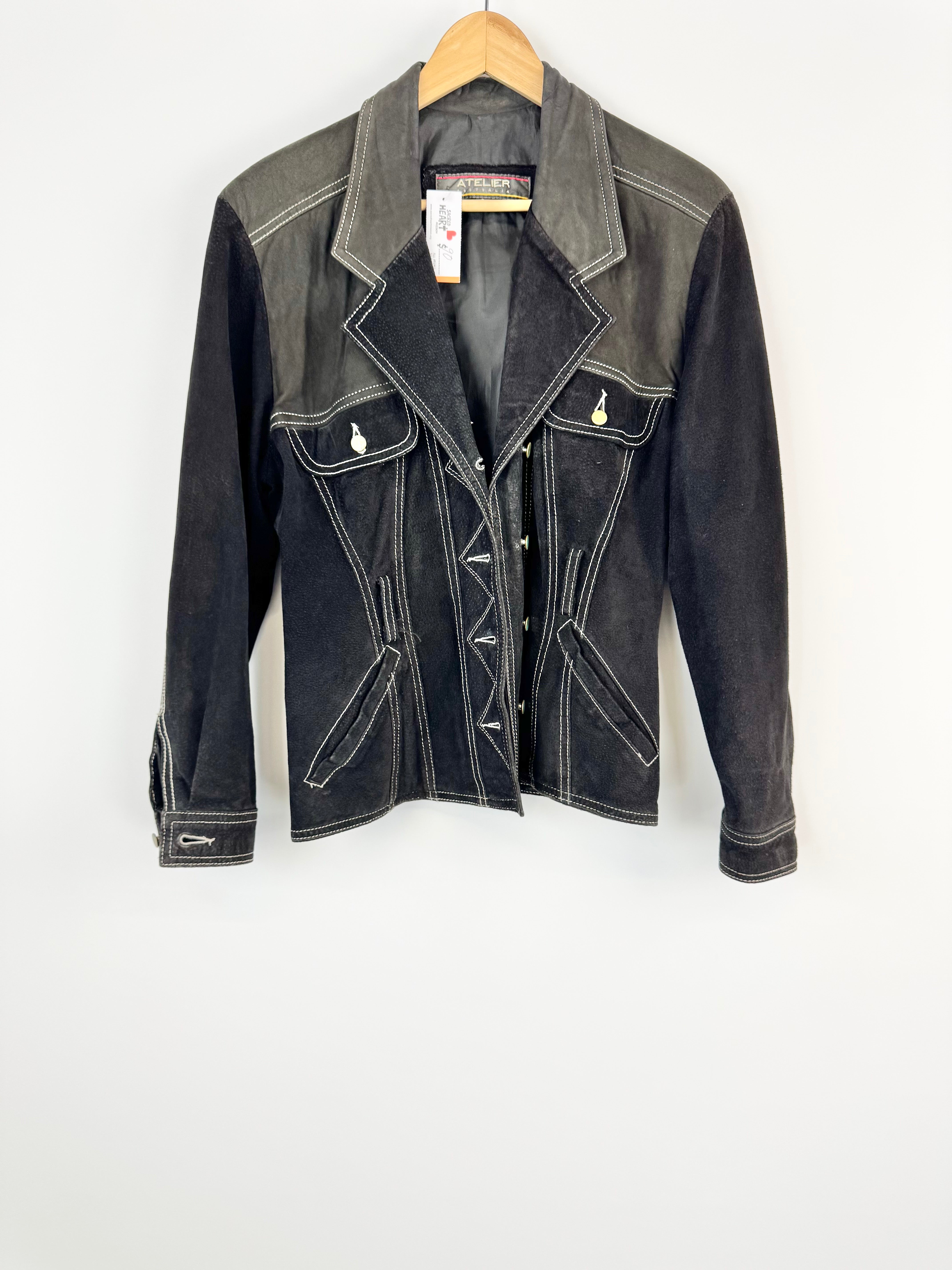 Atelier Black White Stitch Suede Leather Jacket - AU8