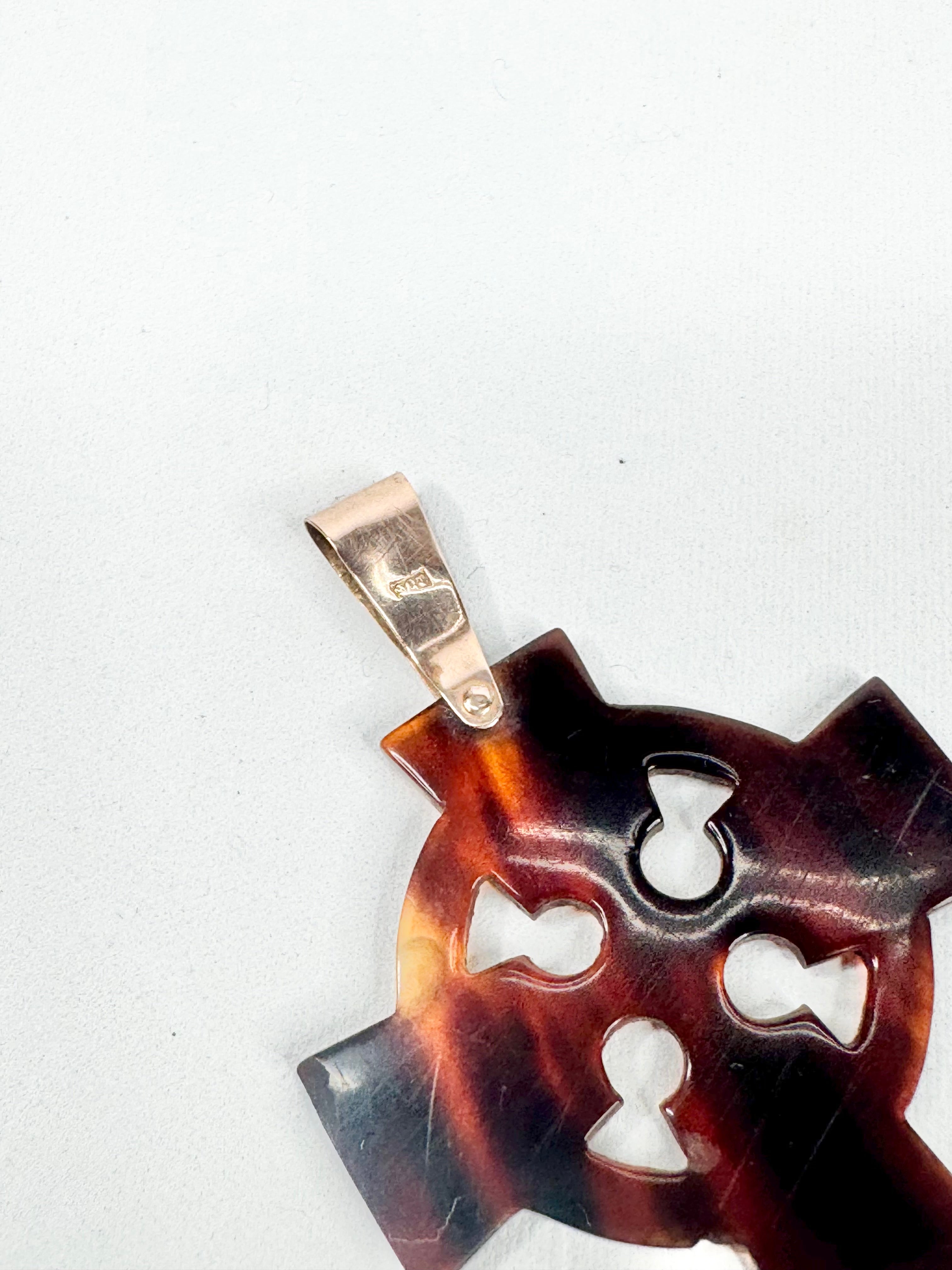 Vintage 9ct Gold Clasp Plastic Tortoiseshell Cross Pendant