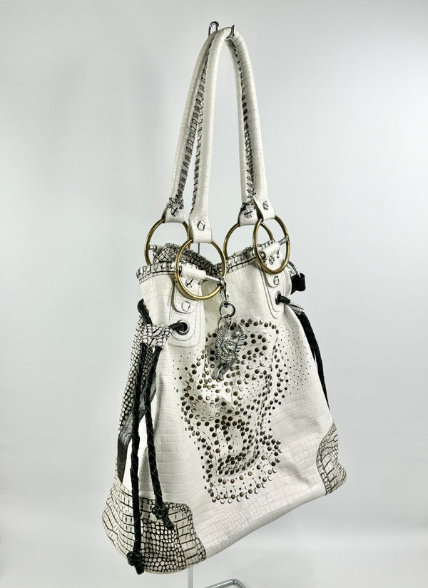 Sabbatha White Croc Embossed Studded Shoulder Bag