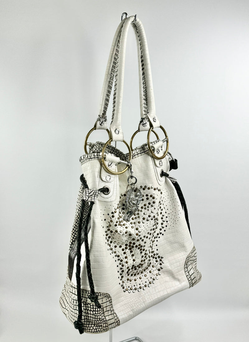 Sabbatha White Croc Embossed Studded Shoulder Bag