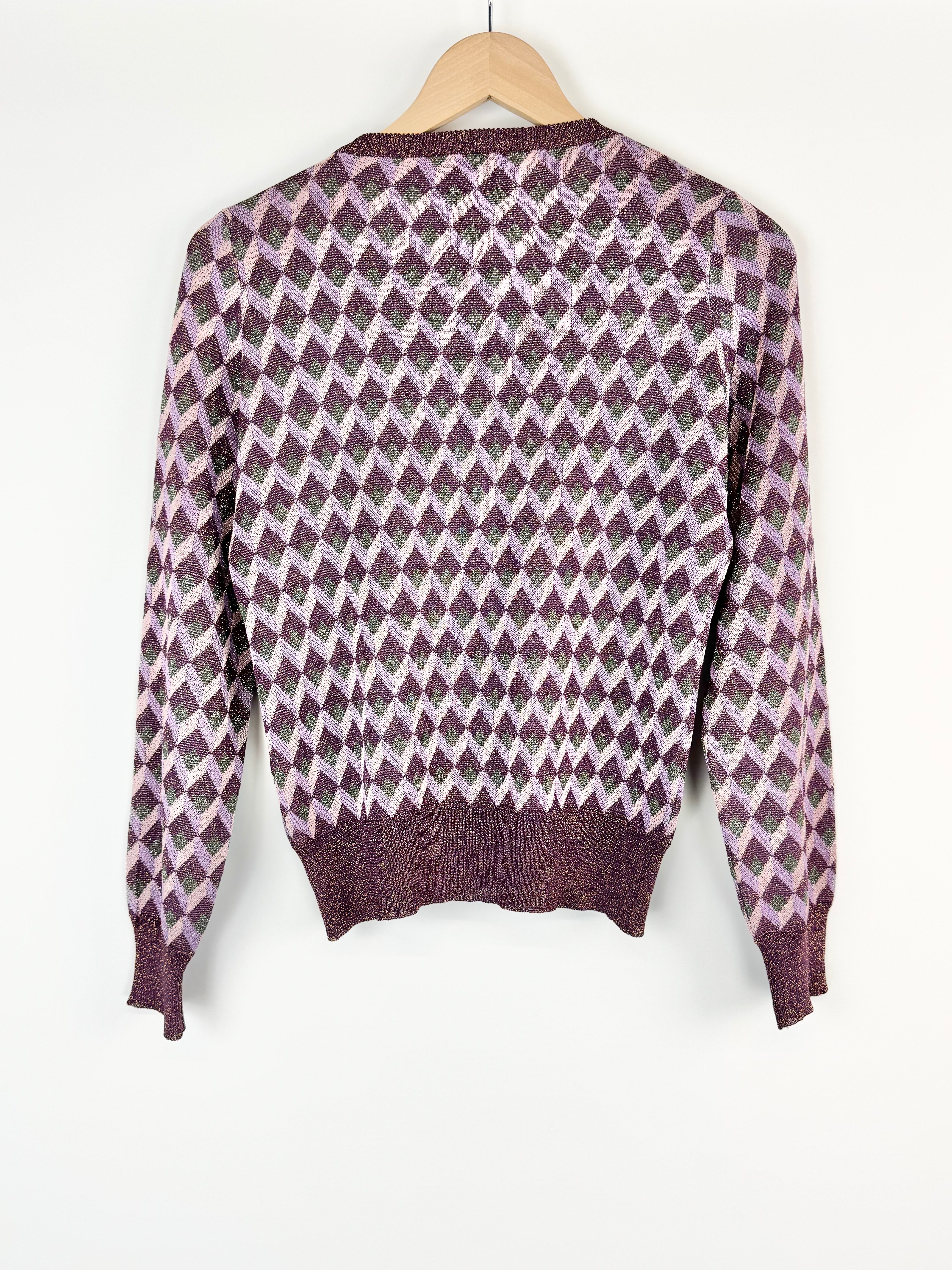 Happy Sheep Purple Metallic Diamond Pattern Cardigan - AU16