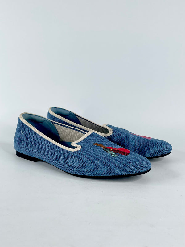 Vivaia Blue Denim 'Audrey' Round-Toe Embroidered Loafers - EU39