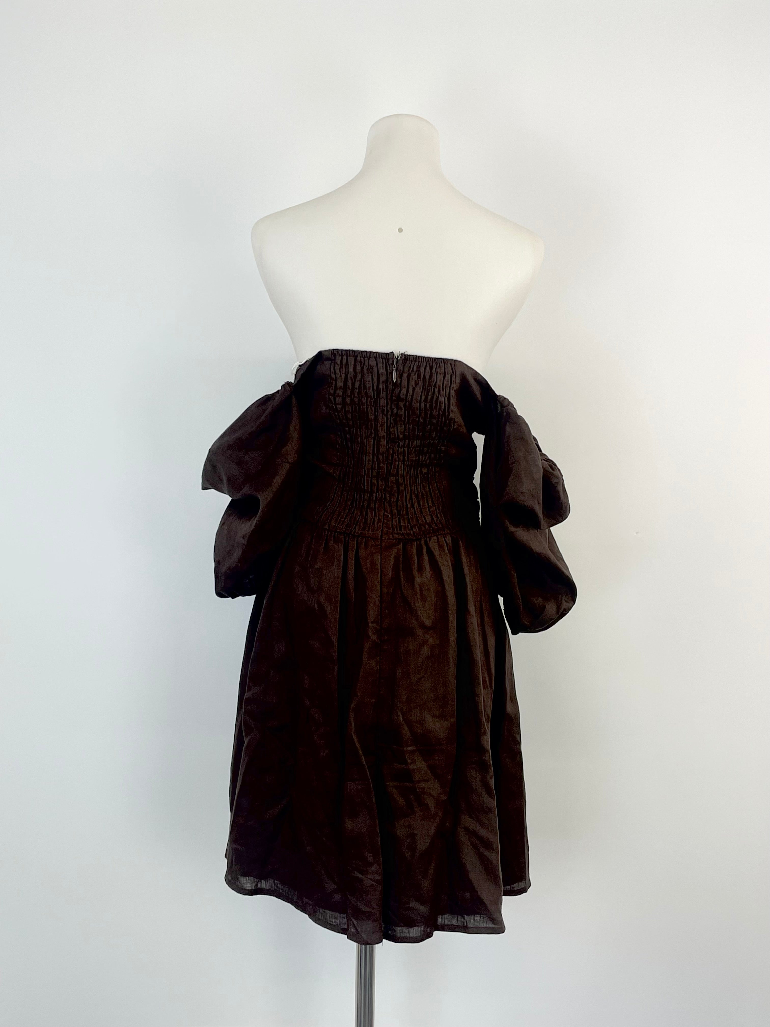 Dissh Dark Chocolate Brown 'Sweeney' Linen Puff-Shoulder Mini Dress - AU8