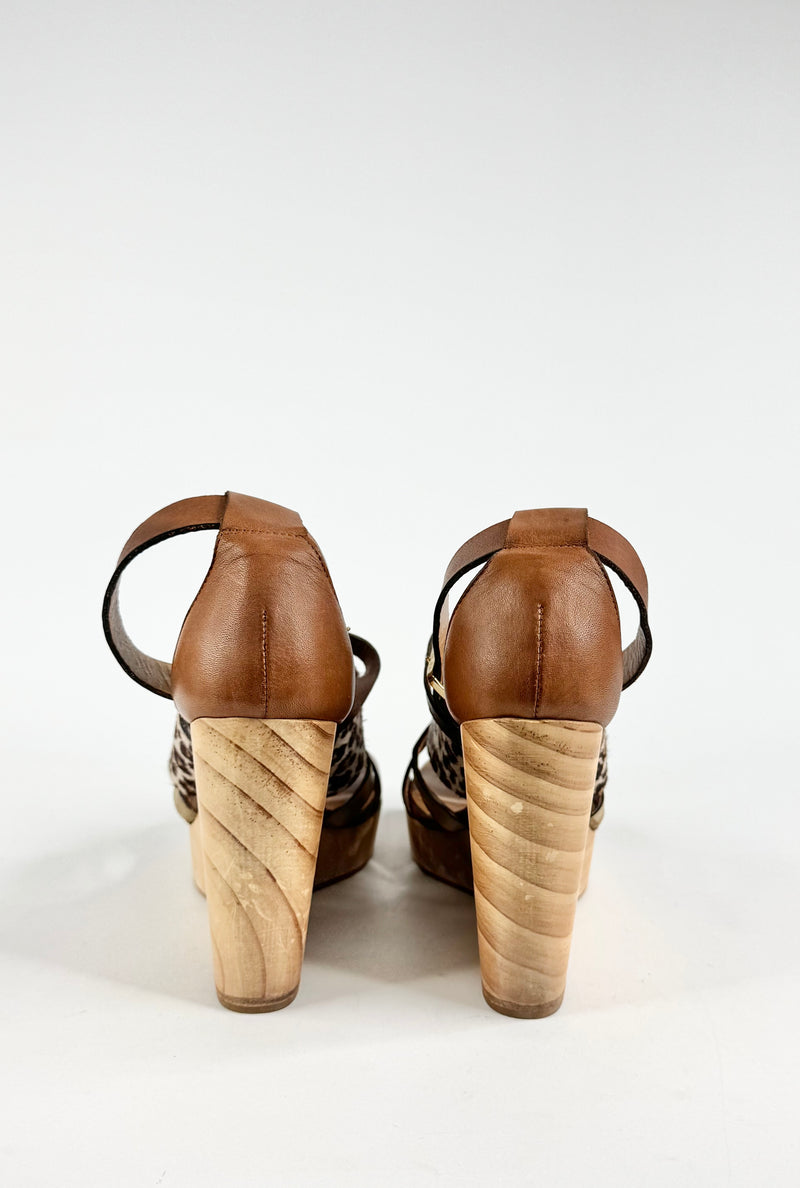 Tatoosh Tan & Leopard Print Peep Toe Wedges - EU38