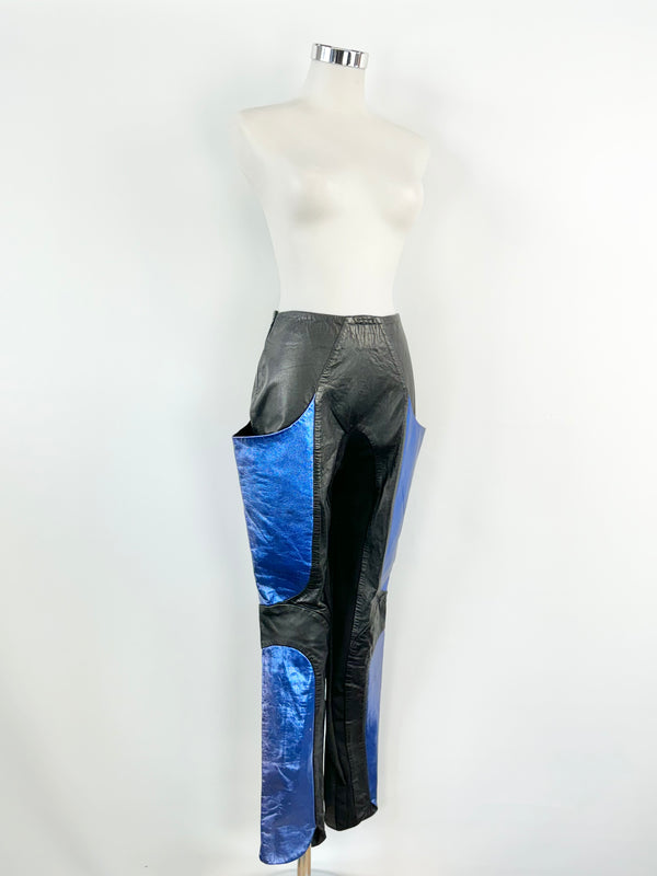 Christina Exie Black & Metallic Blue Leather Skinny Leg Slacks - AU8