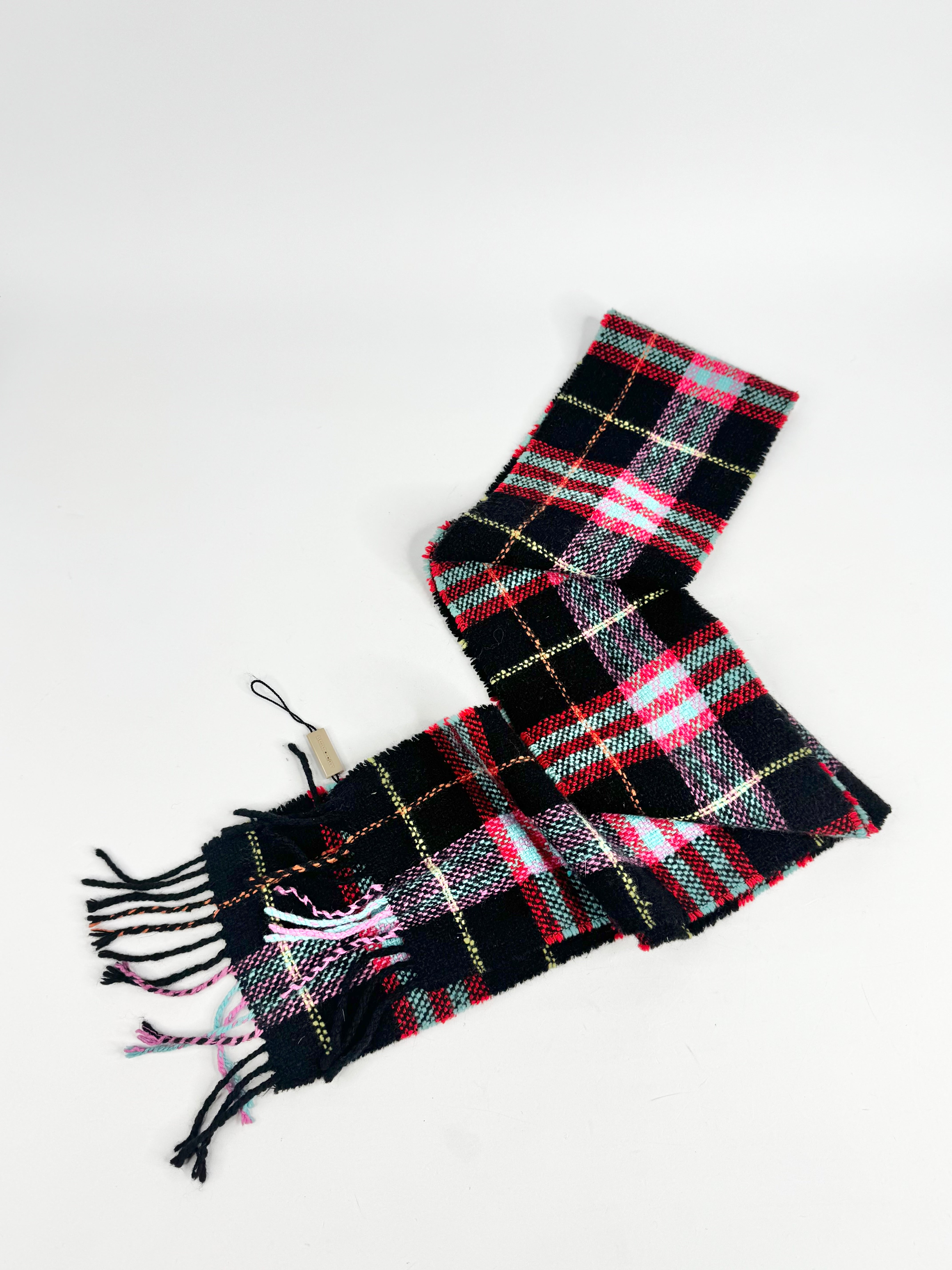 Burberry London Black, Pink, Red & Blue Plaid Angora Blend Woven Scarf