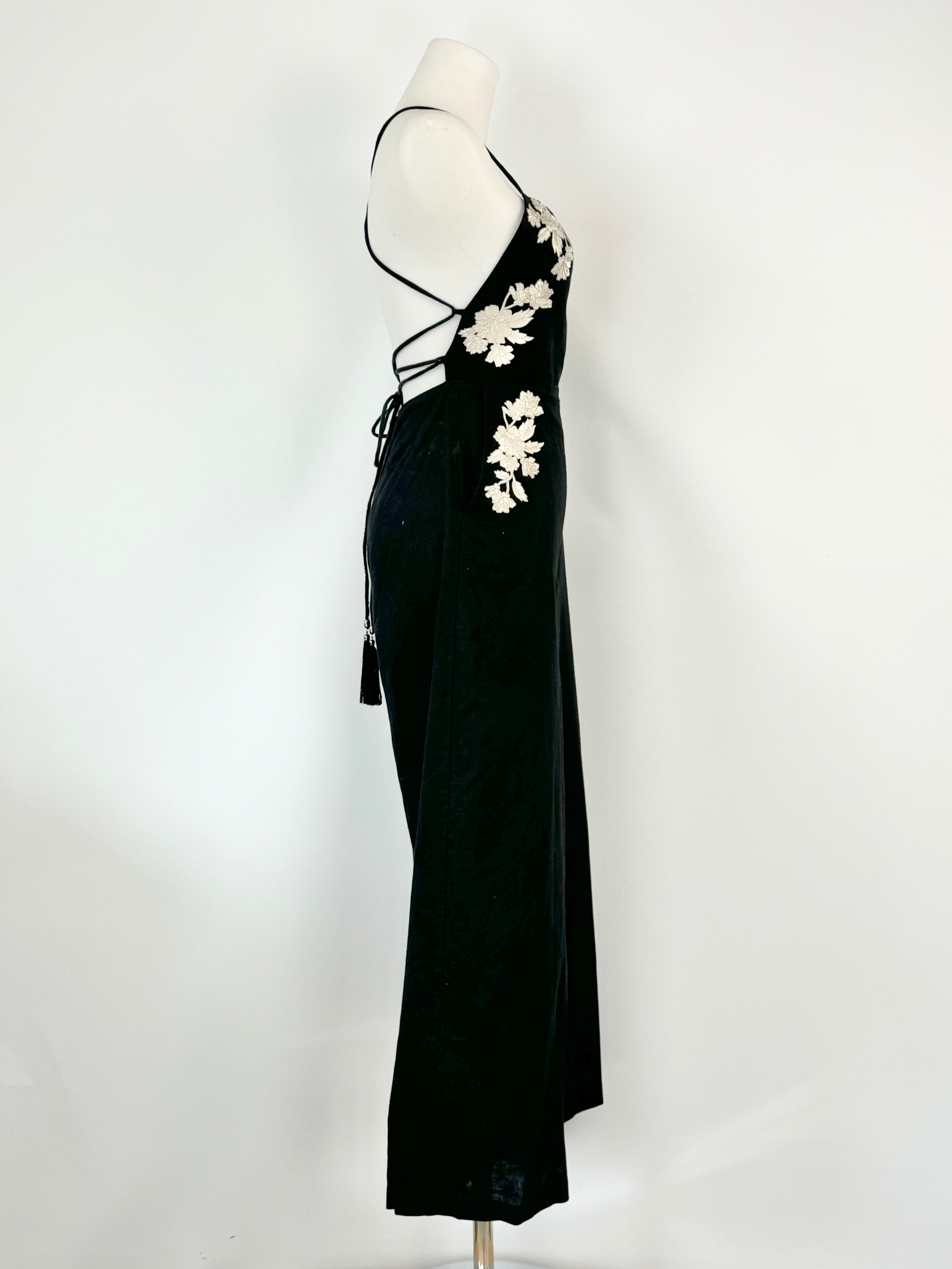 Zimmermann Black Linen Floral Embroidered Backless Jumpsuit - AU6/8