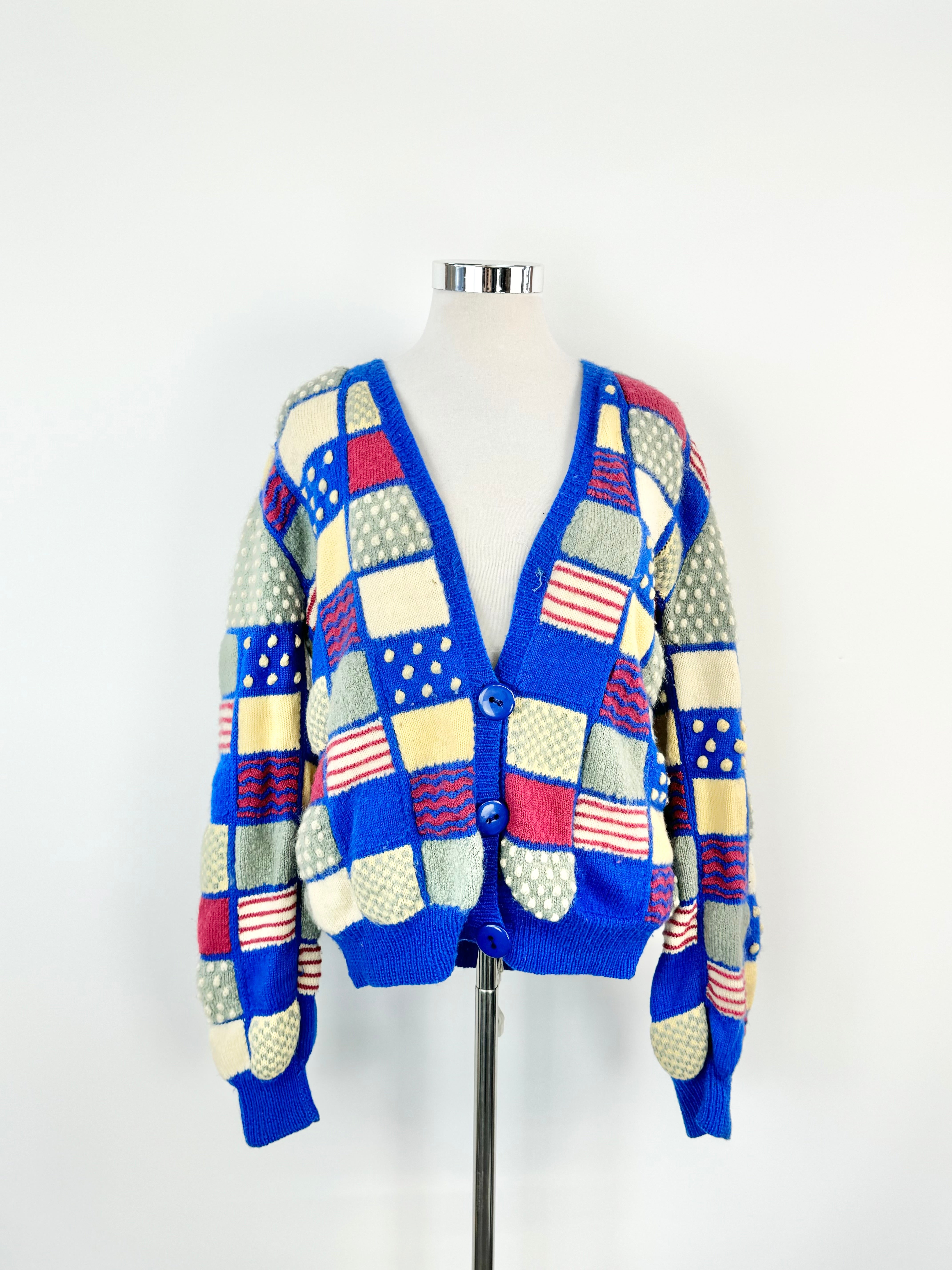 Vintage 70s Blue, Grey & Pink 3D Knitted Cardigan - AU12
