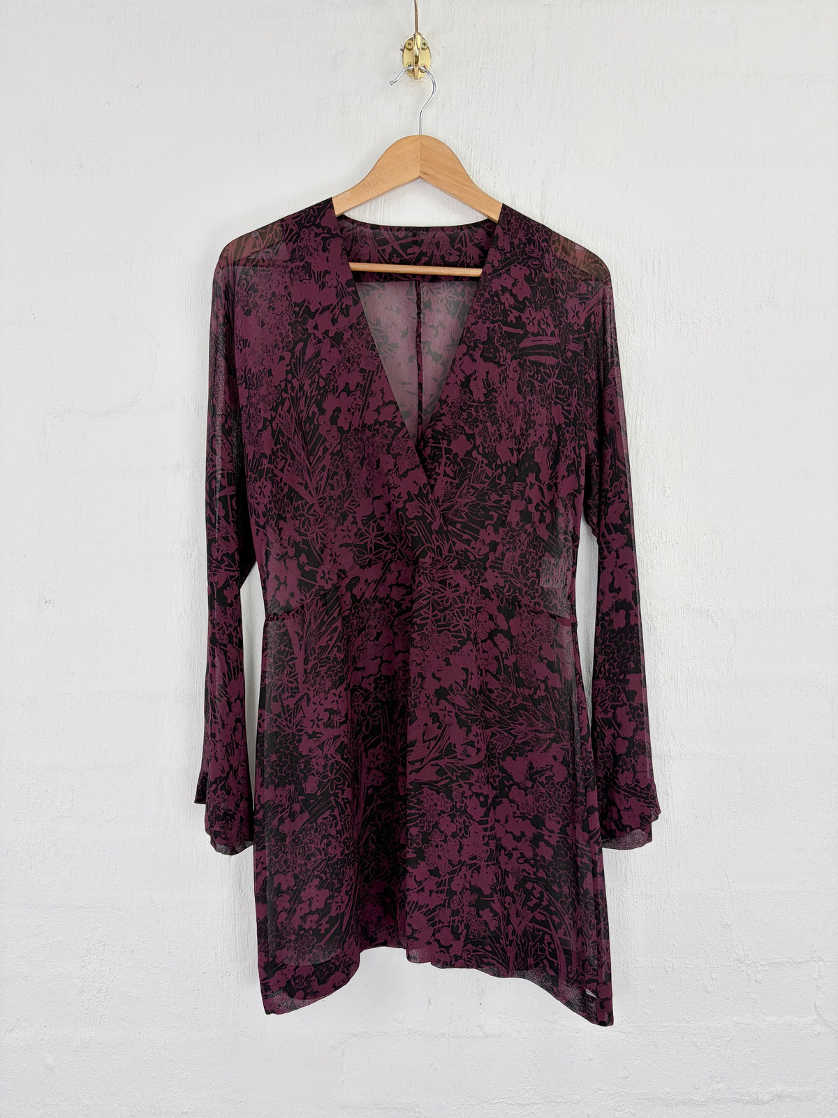 Vixen Australia Burgundy & Black Botanical Patterned Sheer Silk Dress - AU8