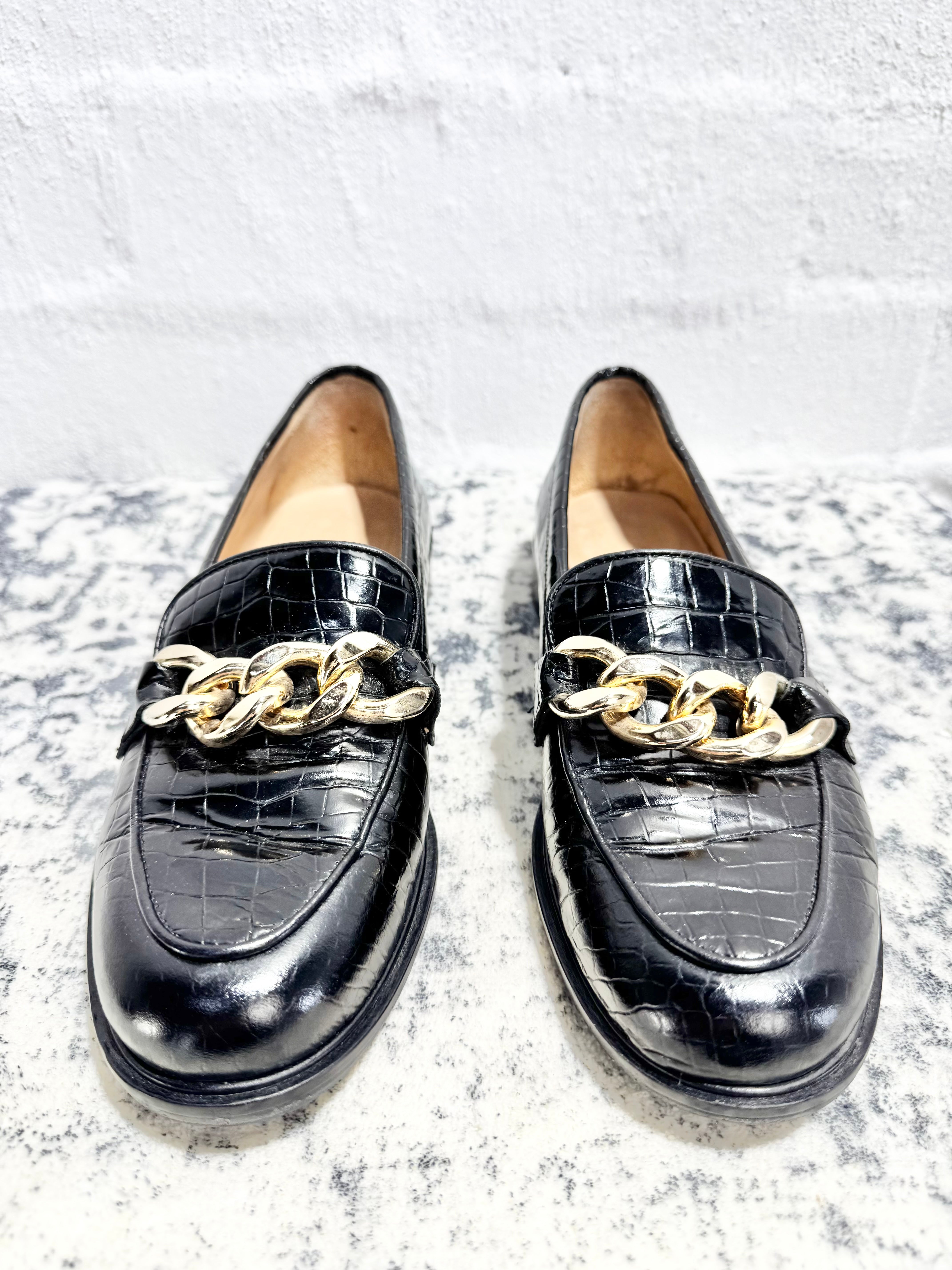 Husk Black Croc Embossed Gold Chain Loafers - EU37