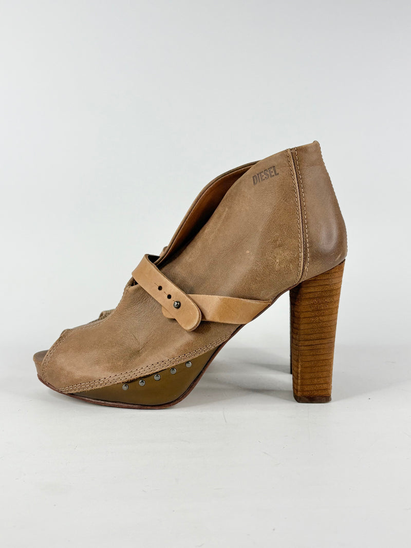 Diesel Tan Leather Peep-Toe Ankle Boots - EU41