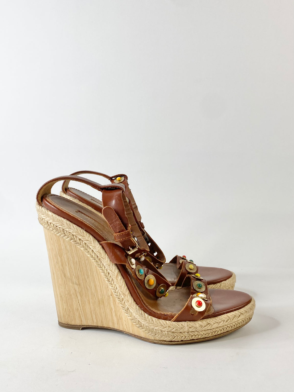 Aquazzura Tan Semi-Precious Stone Studded Wedges - EU38