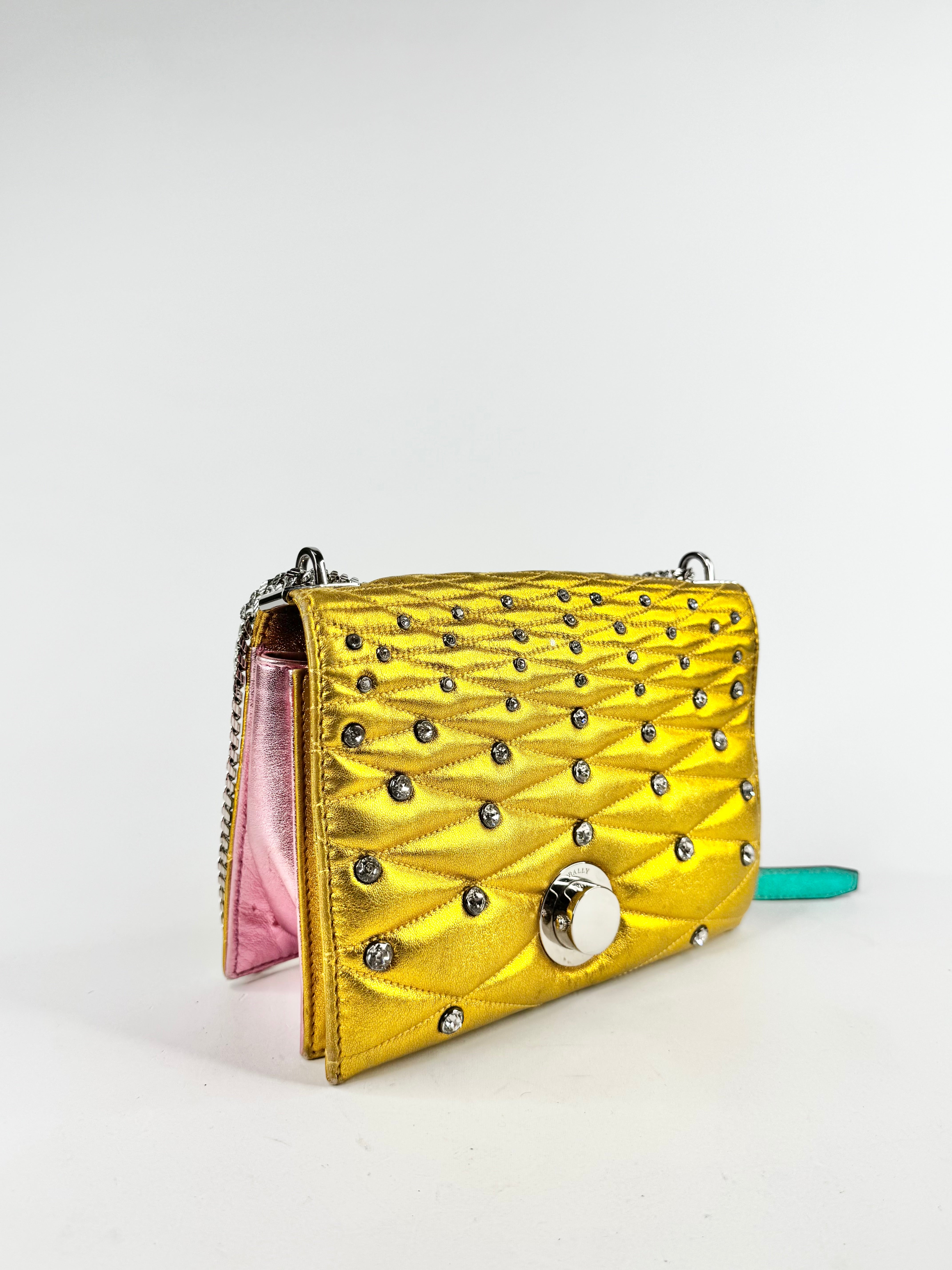 Bally Metallic Gold Crystal Studded Leather Shoulder Bag