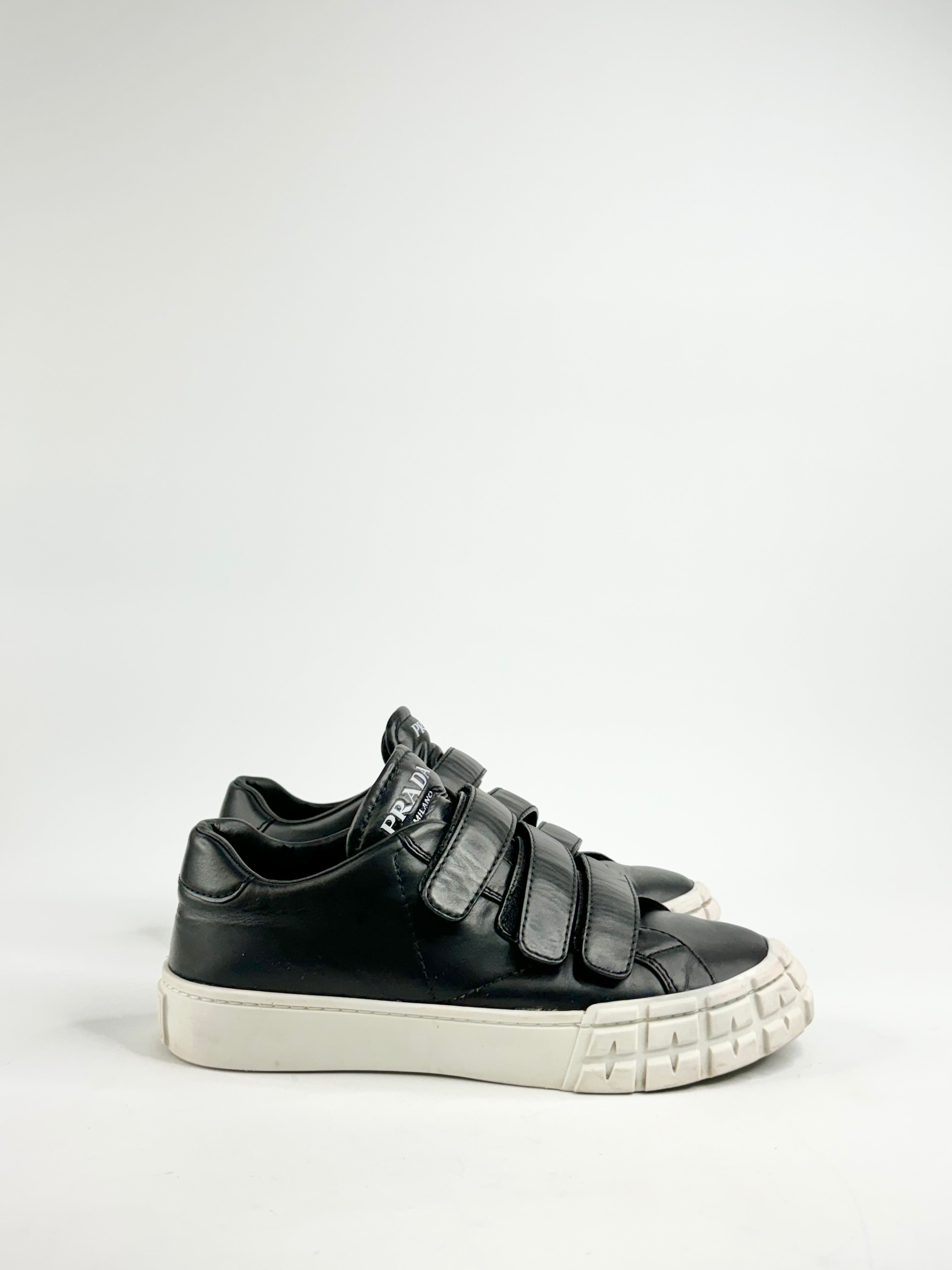 Prada Black Leather Three Strap Velcro Sneakers - EU37.5