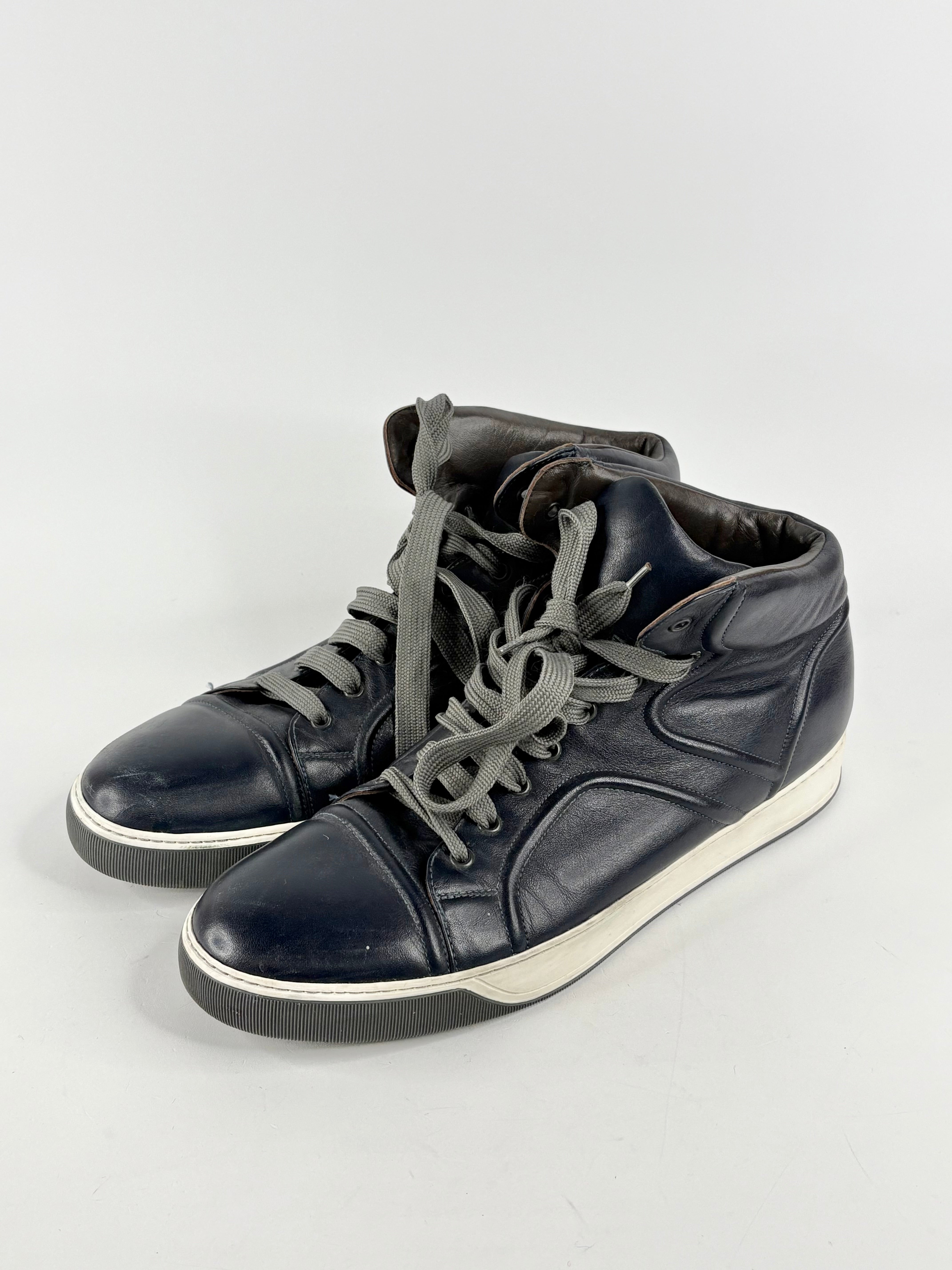 Lanvin Navy Blue Leather High-Top Sneakers - EU45
