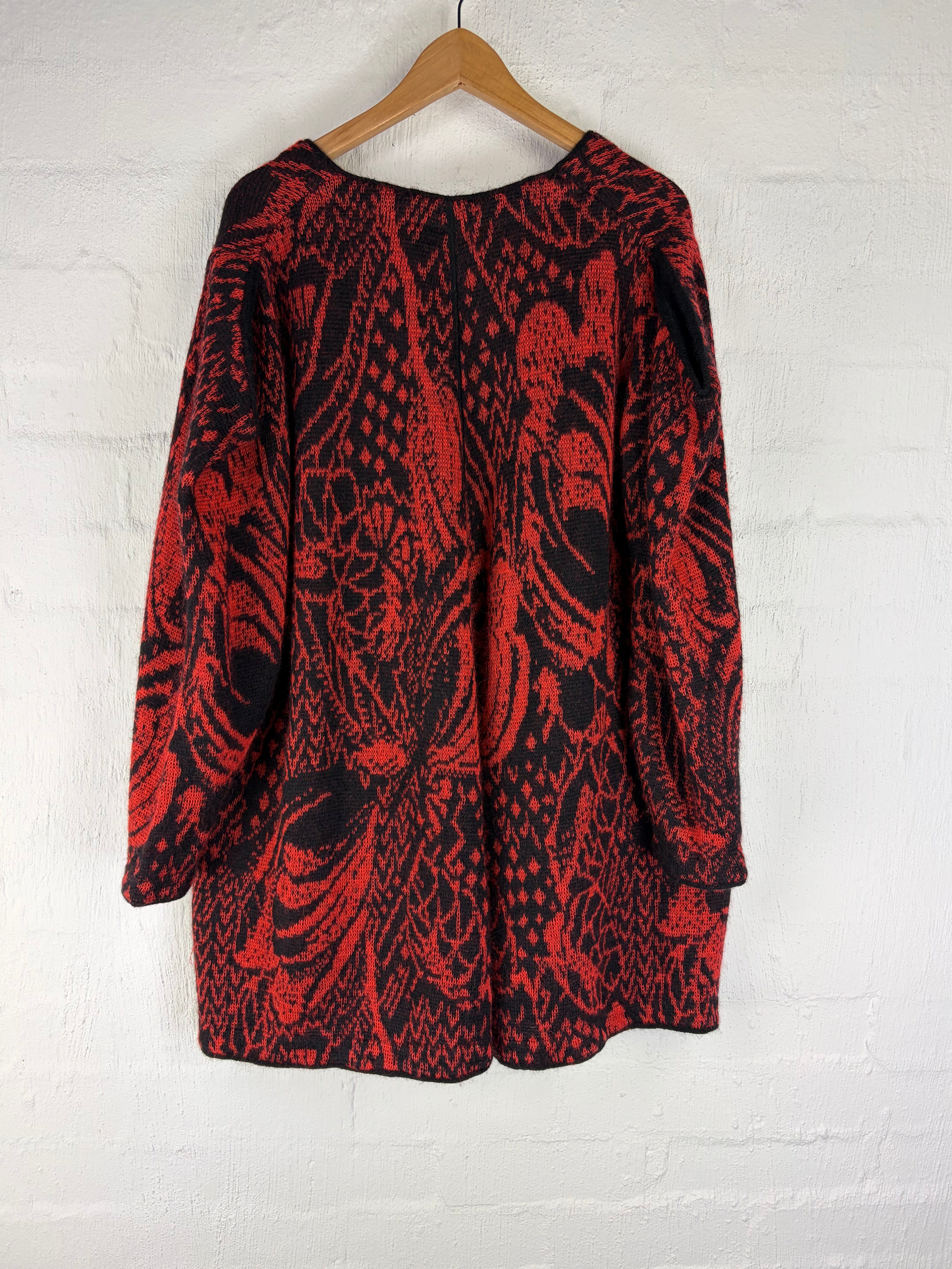 Vintage 80s Escada Red & Black Mohair Blend Slouchy Cardigan - AU10/12