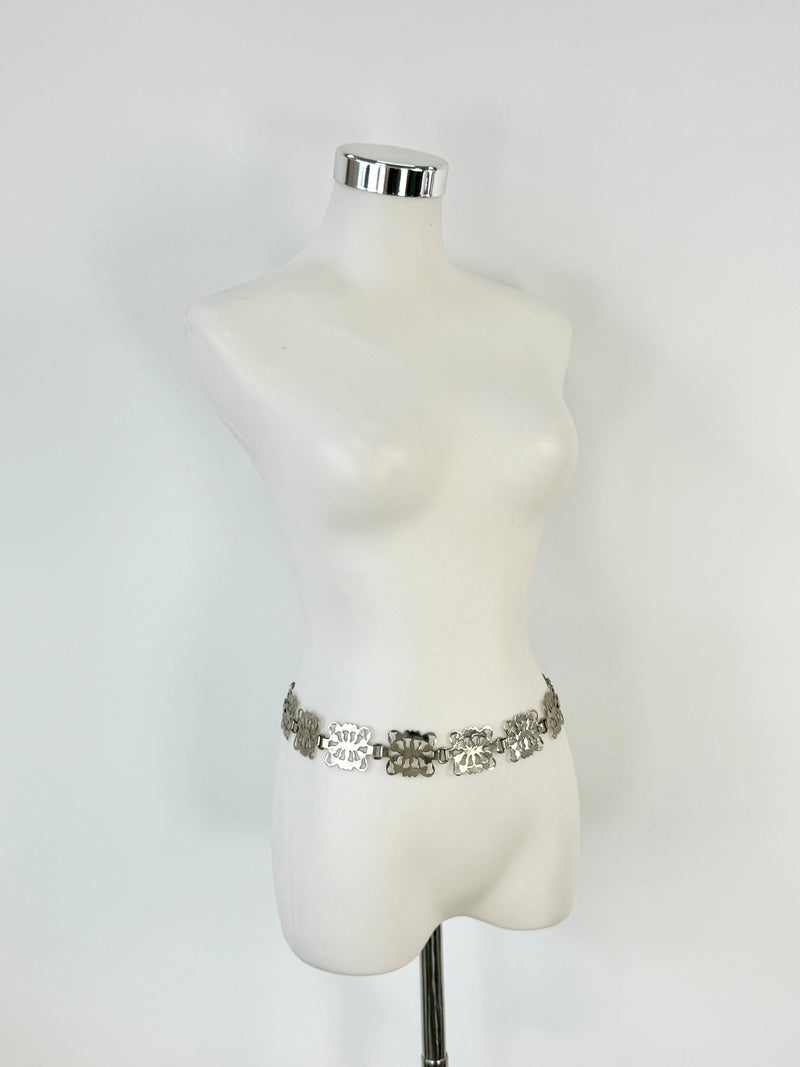 Vintage Silver Tone Brocade Link Belt