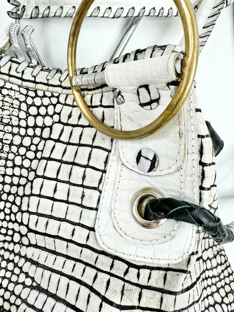 Sabbatha White Croc Embossed Studded Shoulder Bag