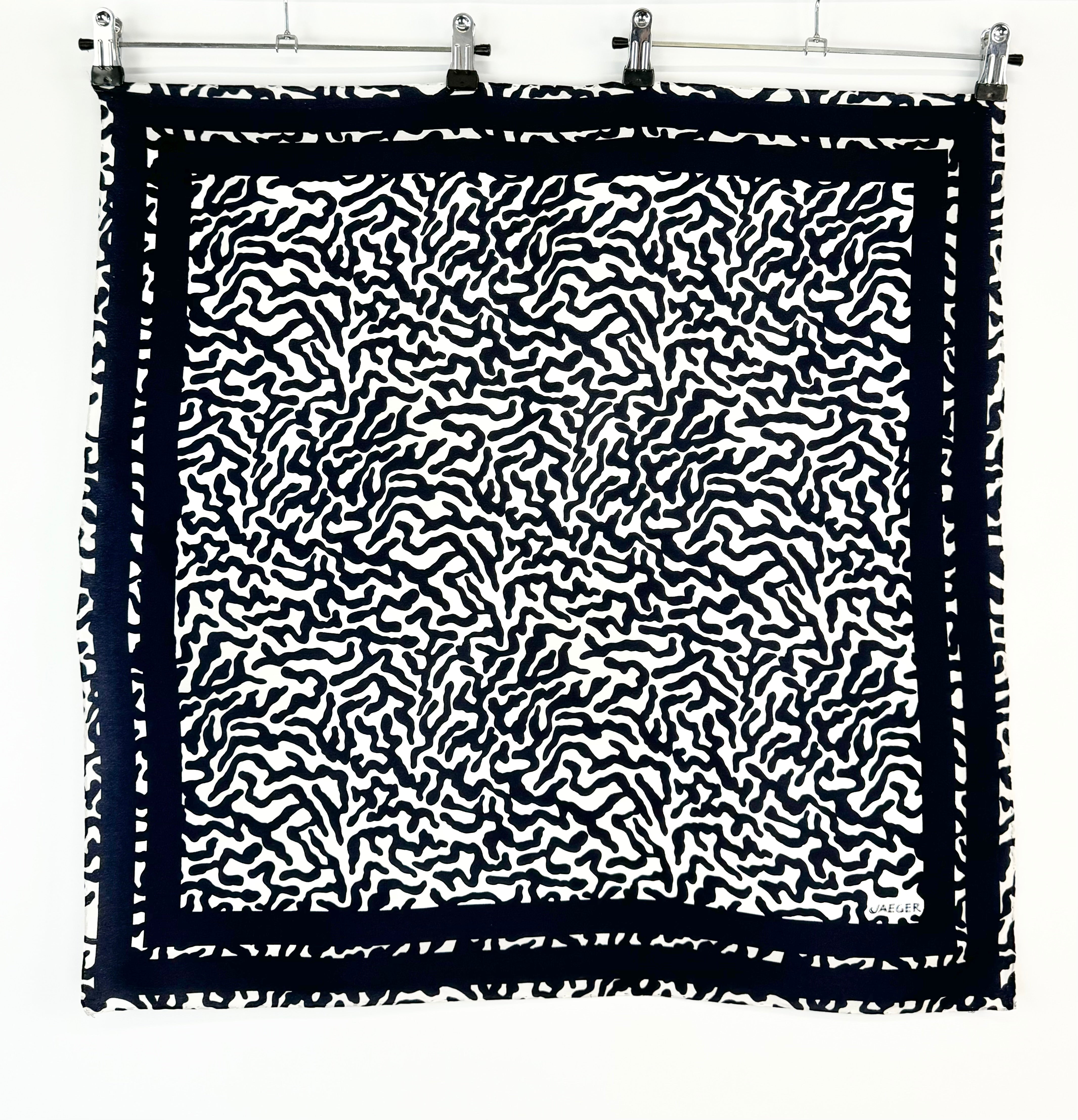 Vintage Jaeger Blackest Blue Abstract Patterned Silk Scarf