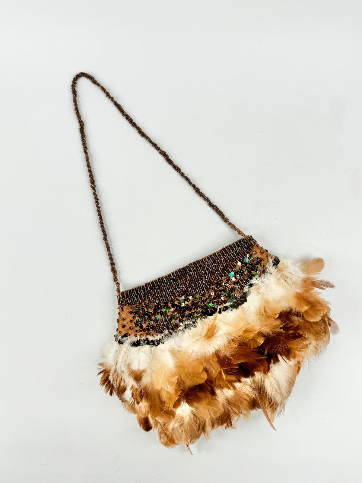 Tan Feather & Beaded Evening Purse