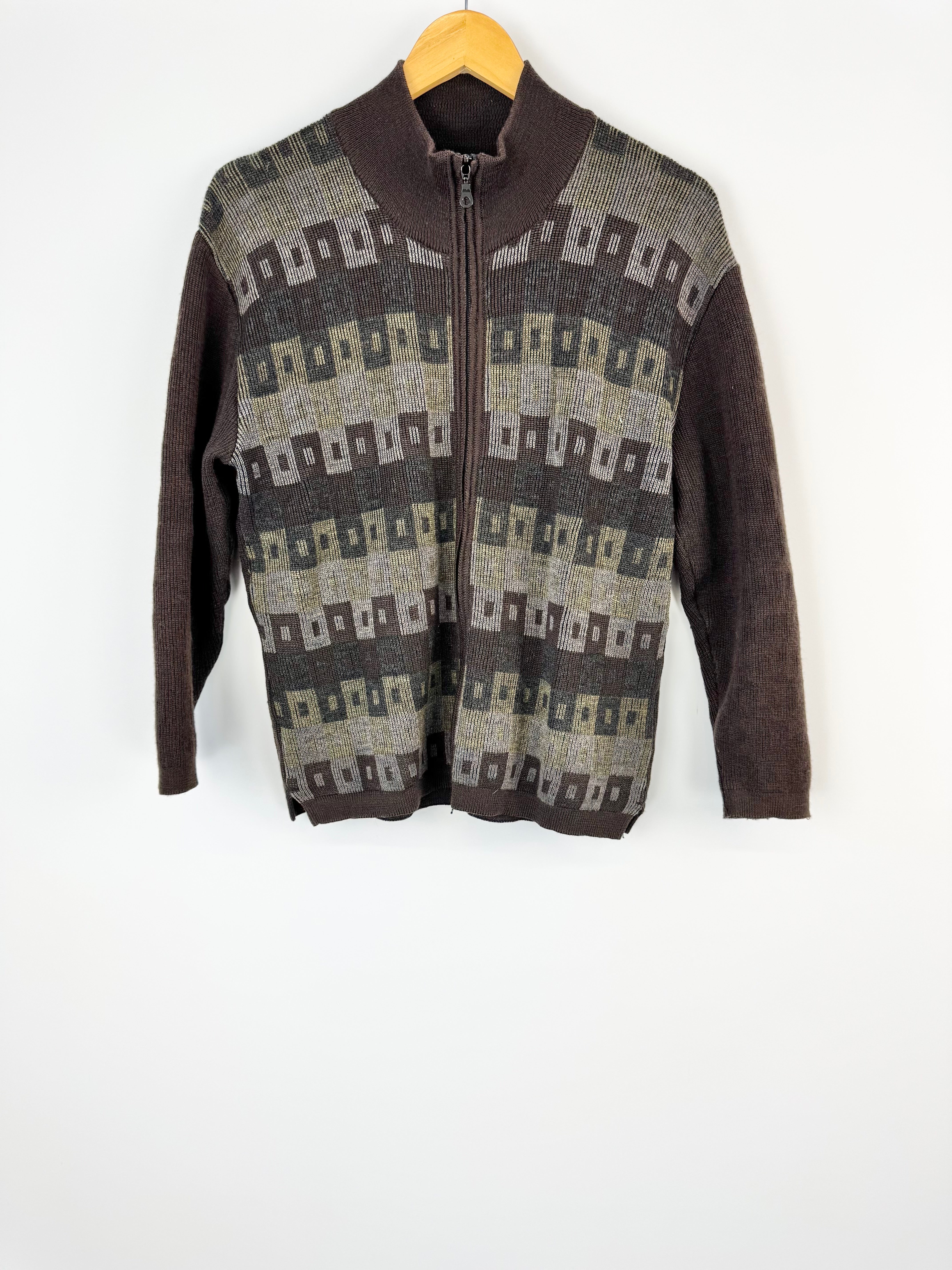 Aklanda Brown Geometric Patterned Zippered Jumper - M