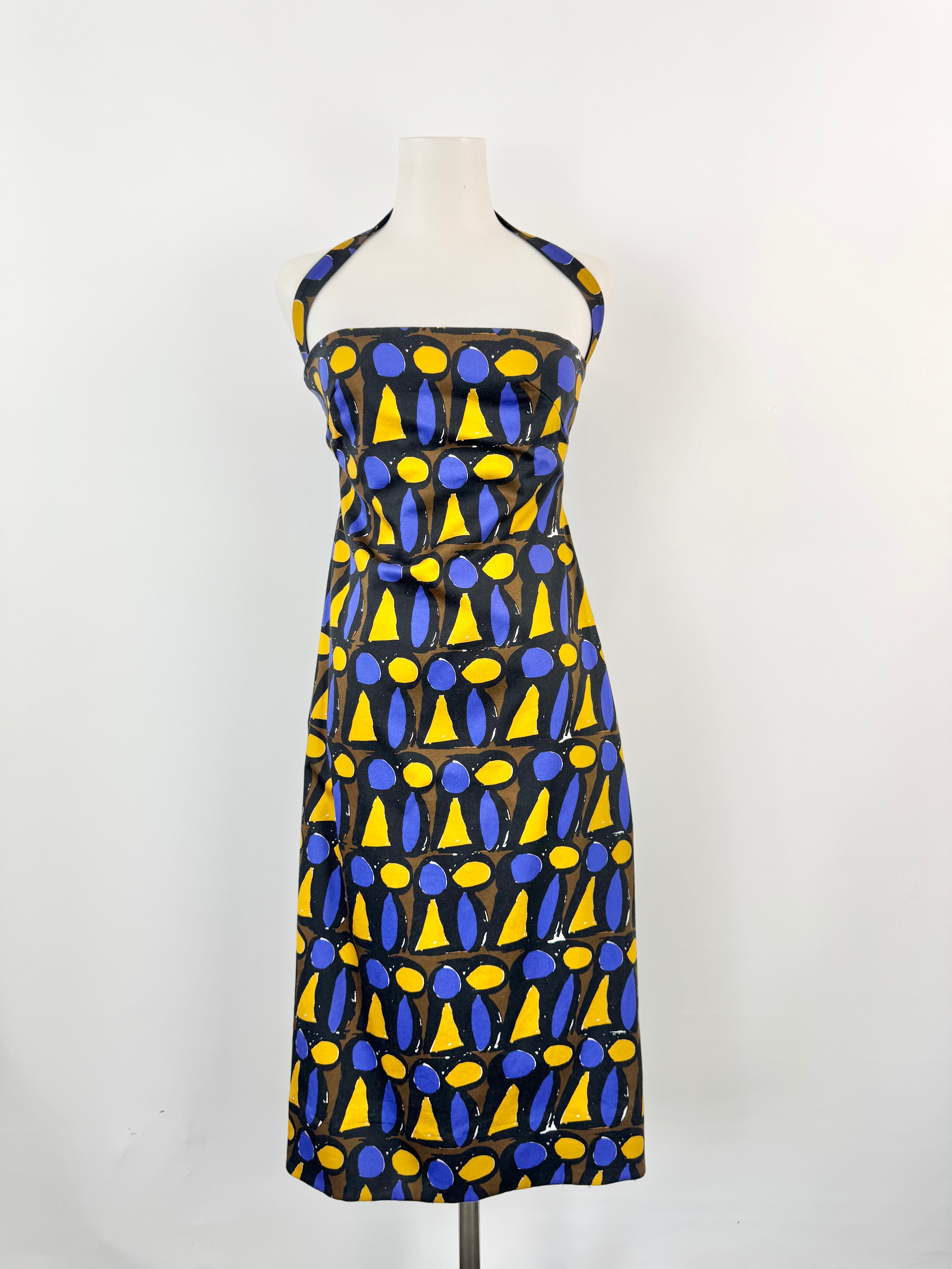 Scanlan Theodore Black Blue & Yellow Geometric Pattern Halter Neck Dress - AU6