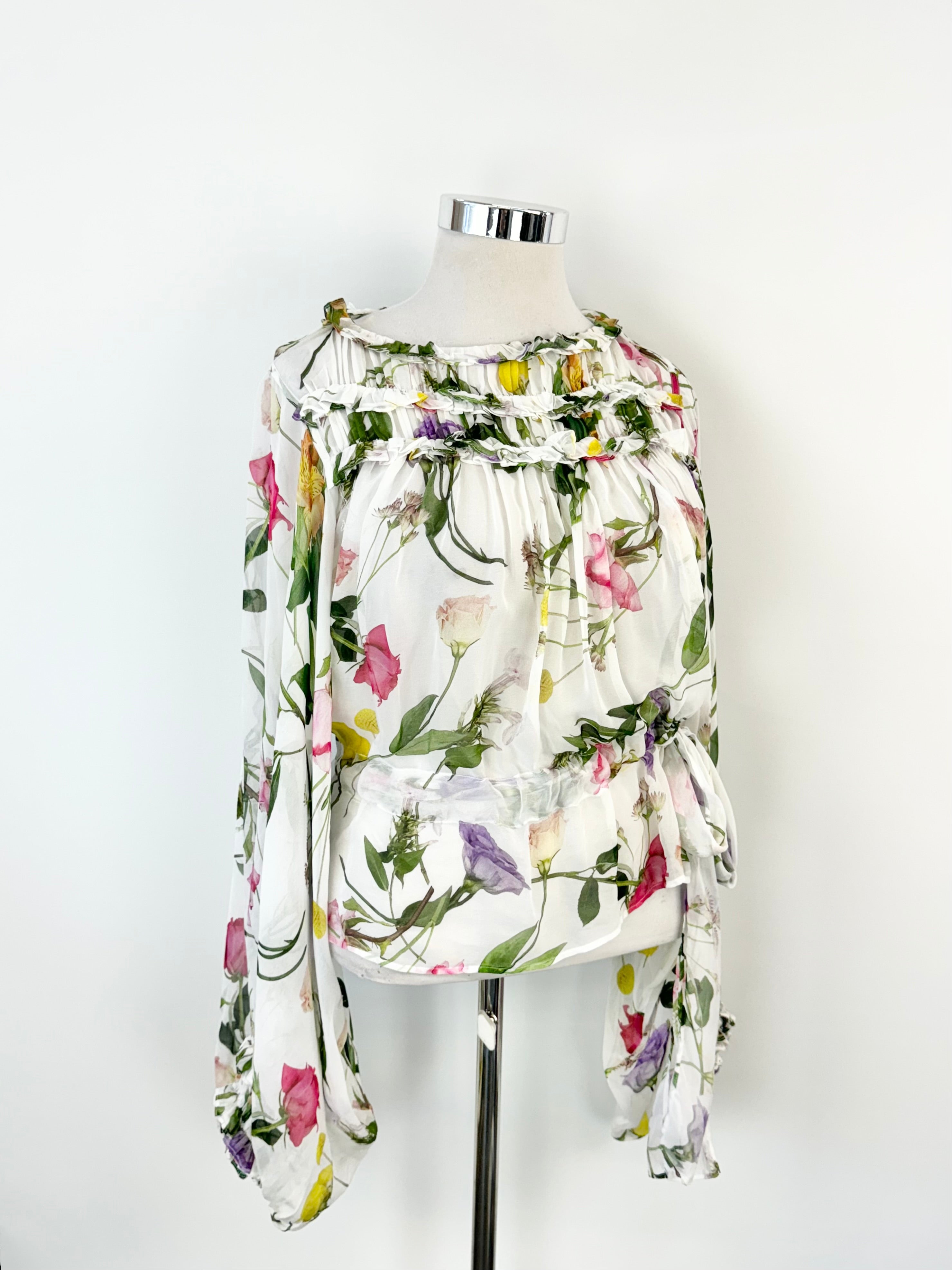 Ted Baker Sheer White Floral Puff Sleeve Blouse - AU12