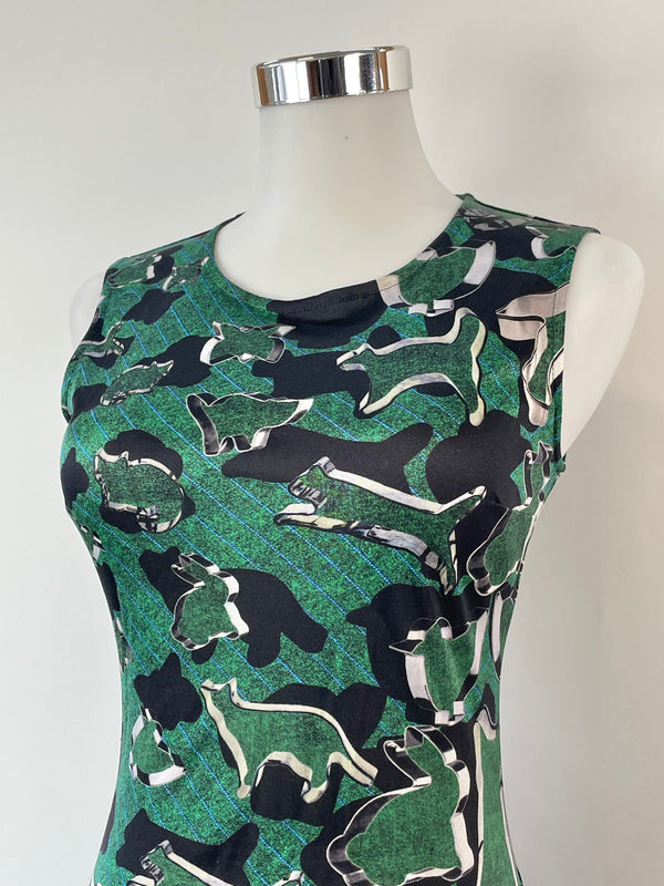 Mary Katrantzou Forest Green Cookie Cutter Print Silk Dress - AU6/8