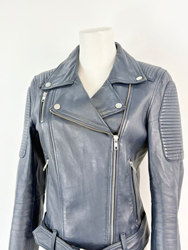 Ena Pelly Navy Blue Biker-Style Leather Jacket - AU6/8