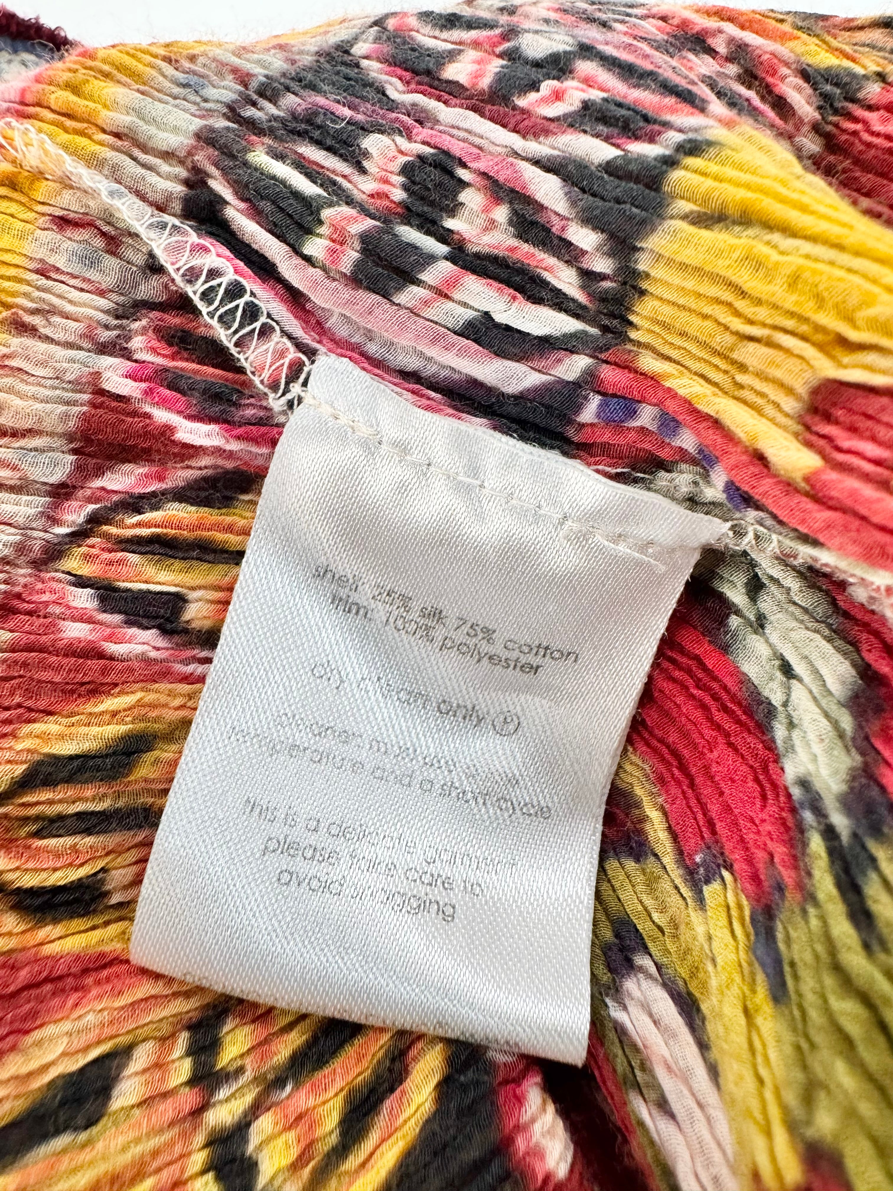 Close-up of a fabric label on a colorful textile background