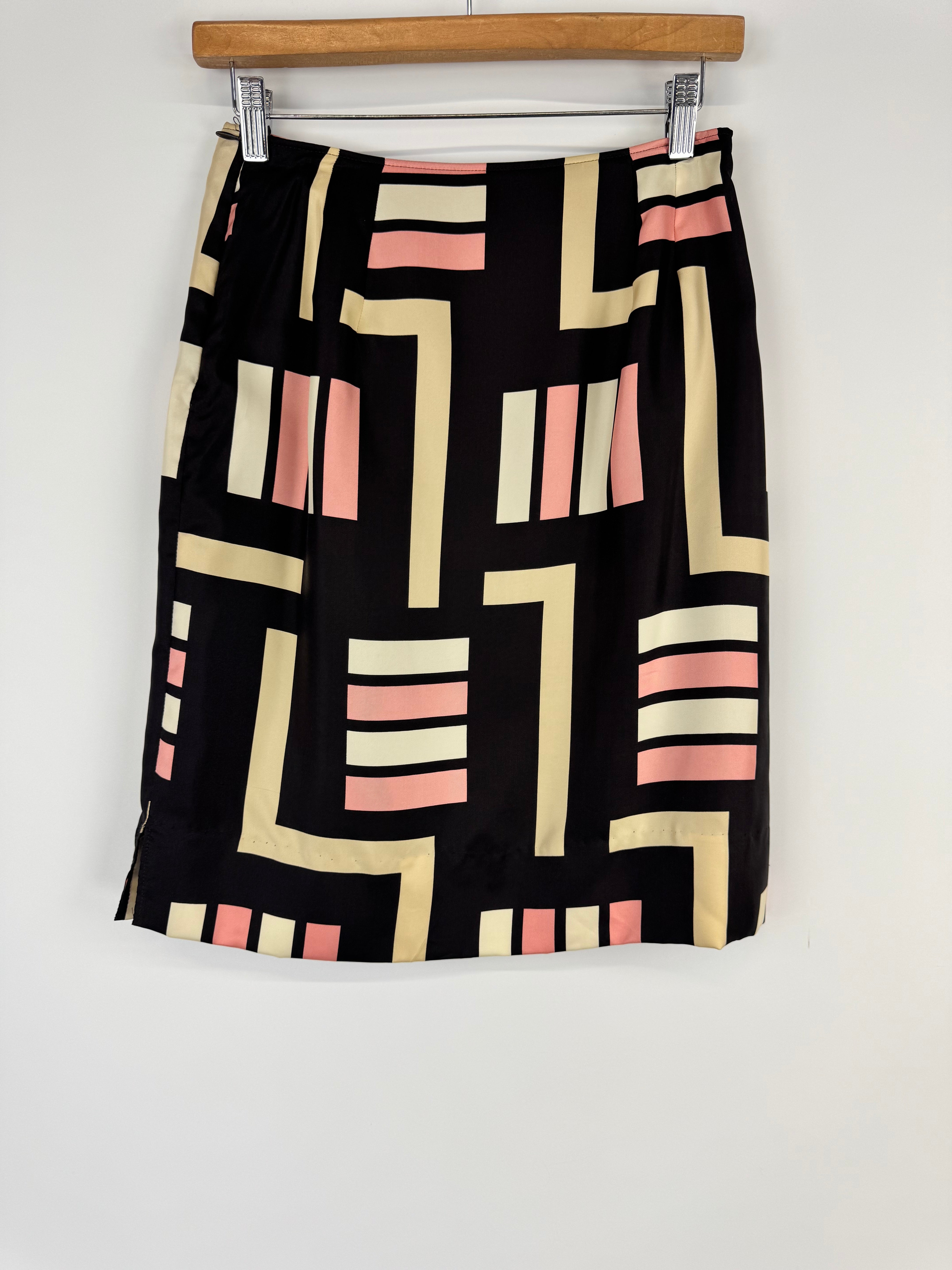 Max Mara Black Silk, Pink & Cream Geometric Pattern Pencil Skirt - AU8