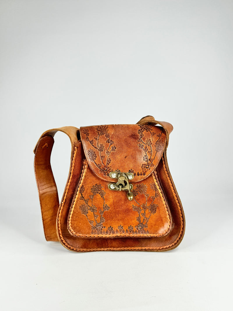 Hand Made Tan Cherry Blossom Stamped Leather Cross Body Bag