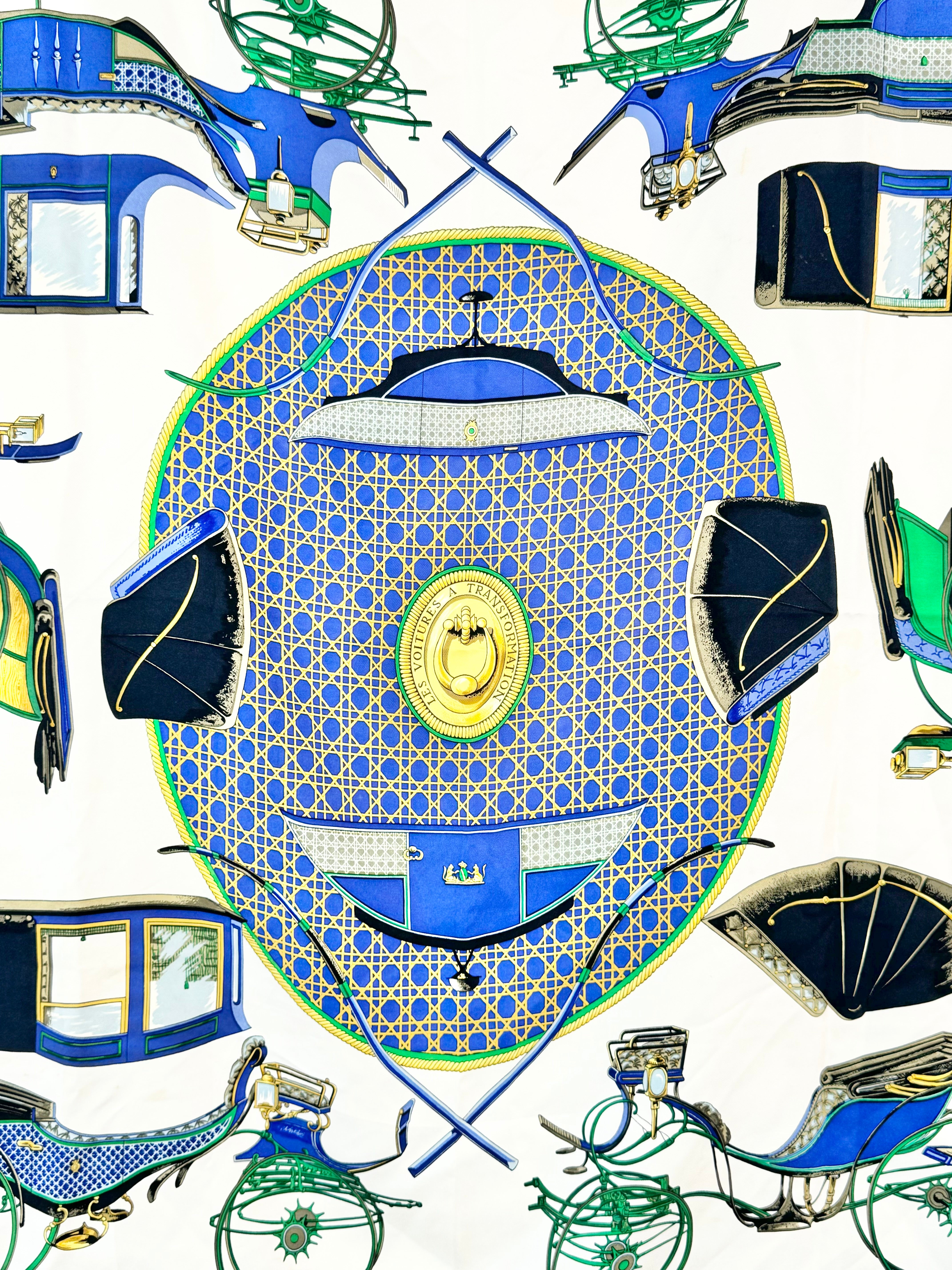Hermès Scarf Carré ‘les voitures à transformation’ Blue Silk Scarf