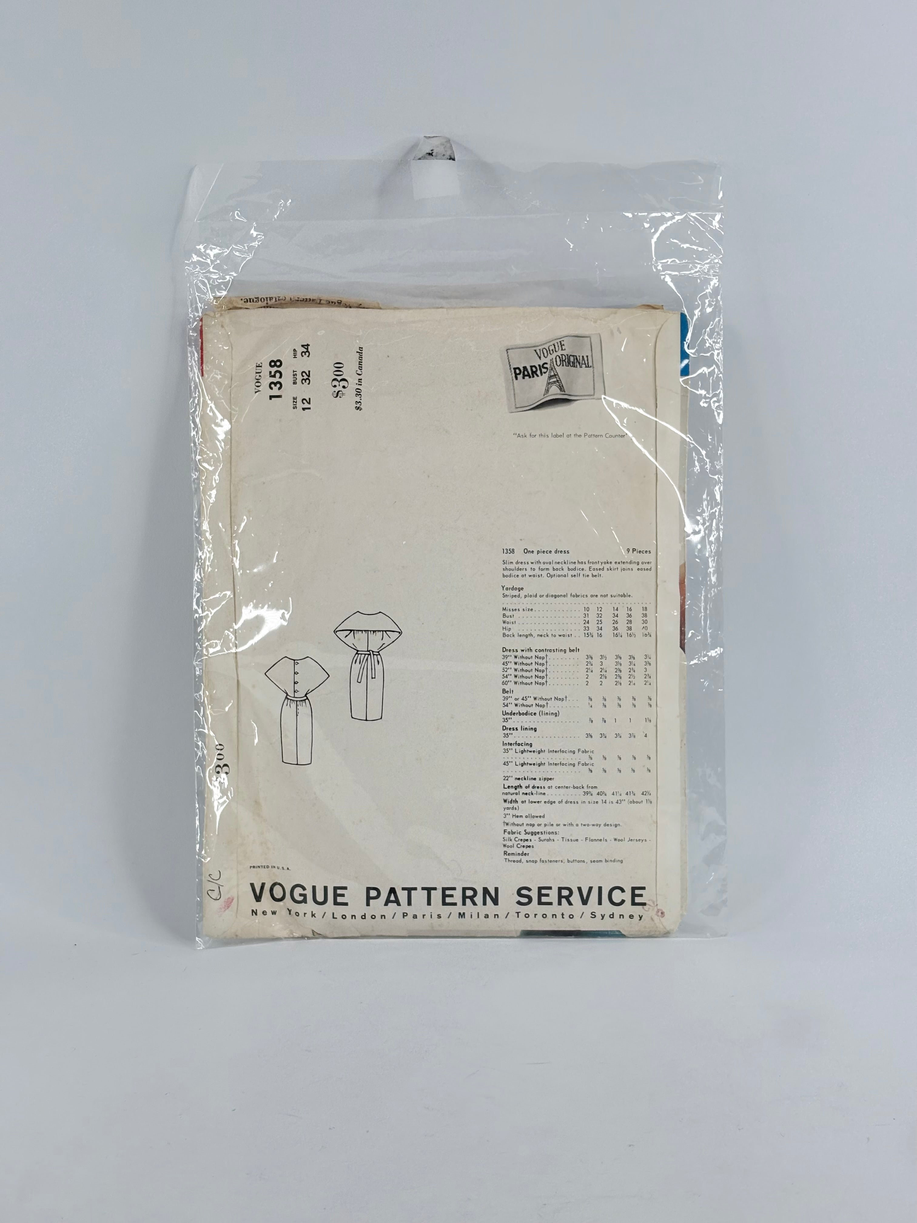 Vogue Paris Original Patou Dress: No. 1358 - Size 12
