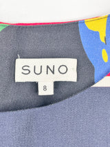 Suno Black with Florals & Striped Twill Midi Dress - AU8