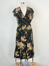 Vintage 90s Studibaker Black Floral Ruched & Pleated Midi Dress - AU10/12