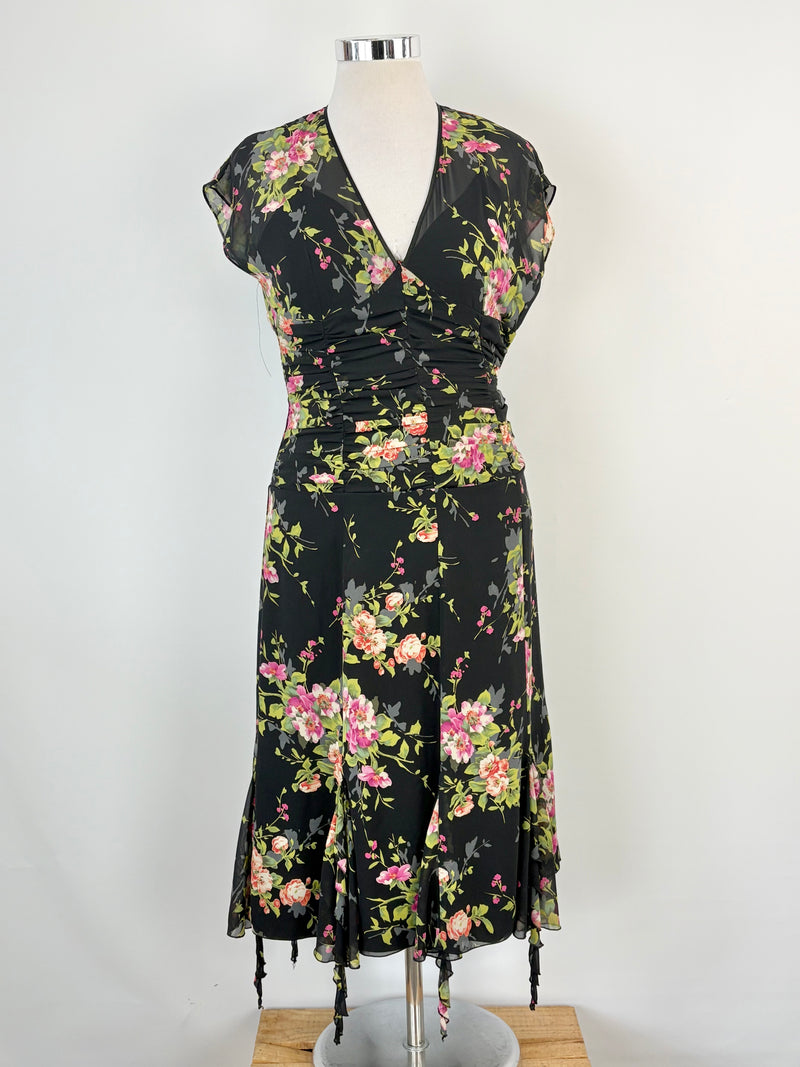 Vintage 90s Studibaker Black Floral Ruched & Pleated Midi Dress - AU10/12