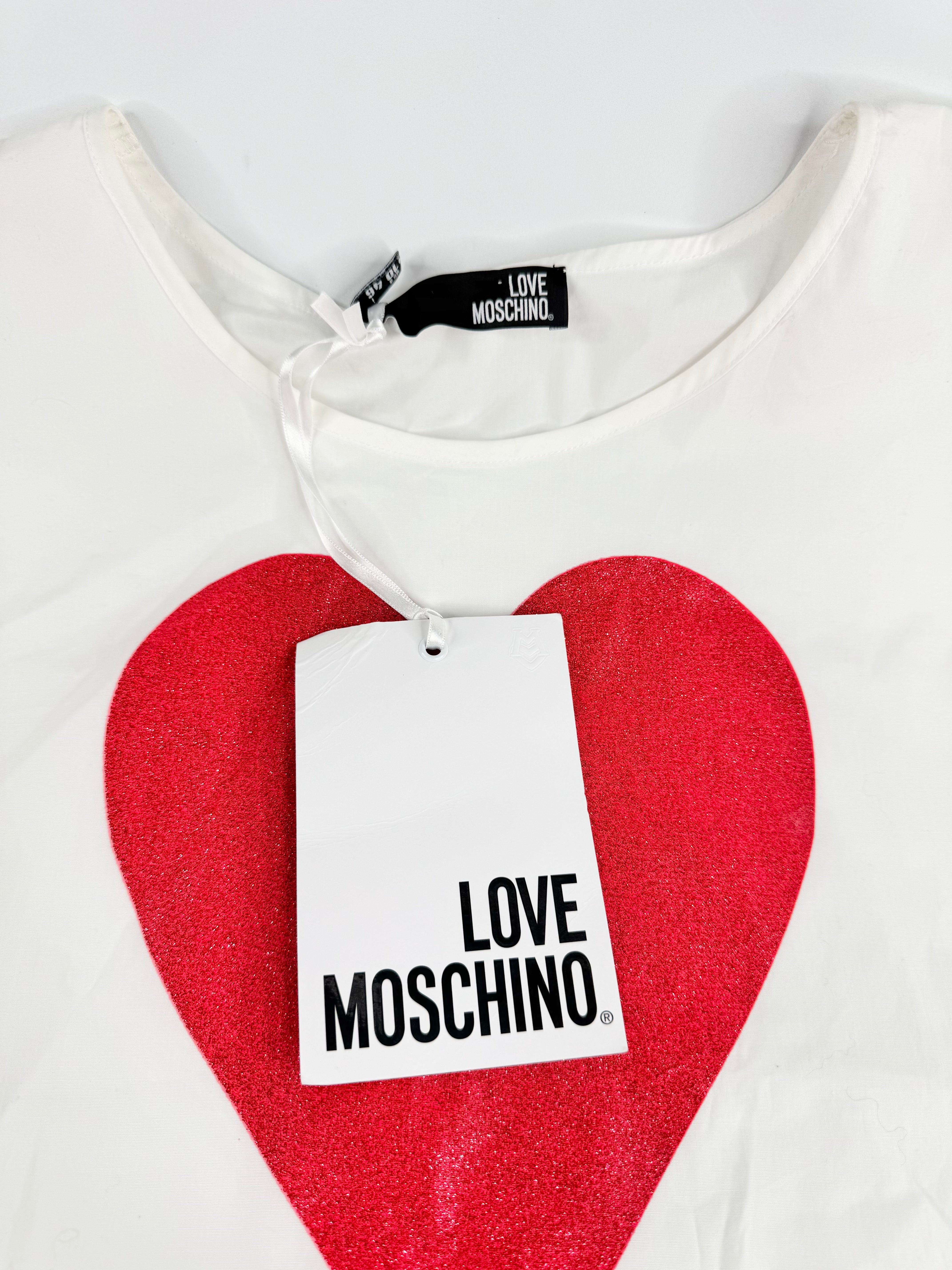 Love Moschino White Cotton Poplin Glitter Heart T-Shirt NWT - AU14