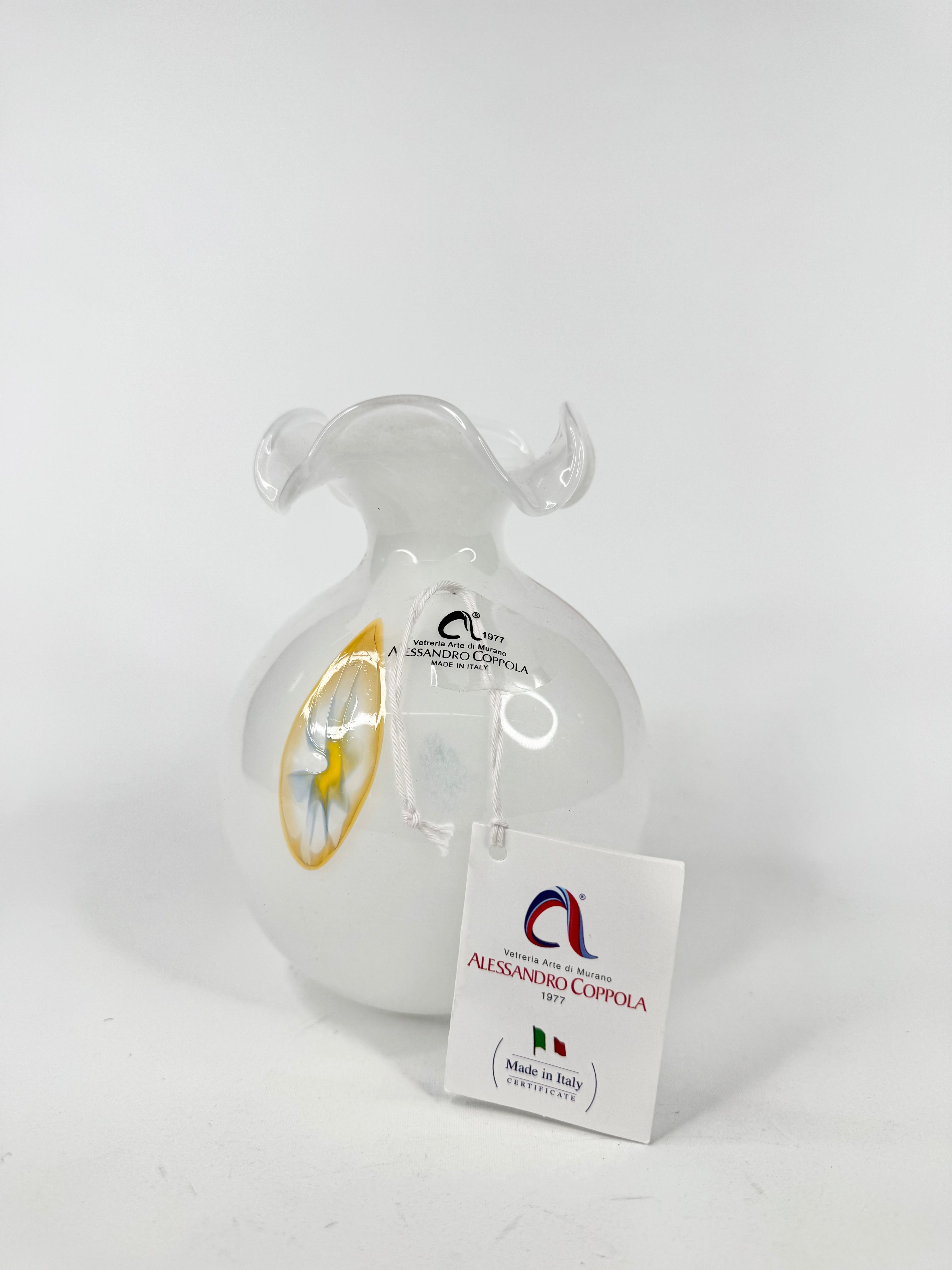 Alessandro Coppola White Murano Glass Handmade Decorative Vase