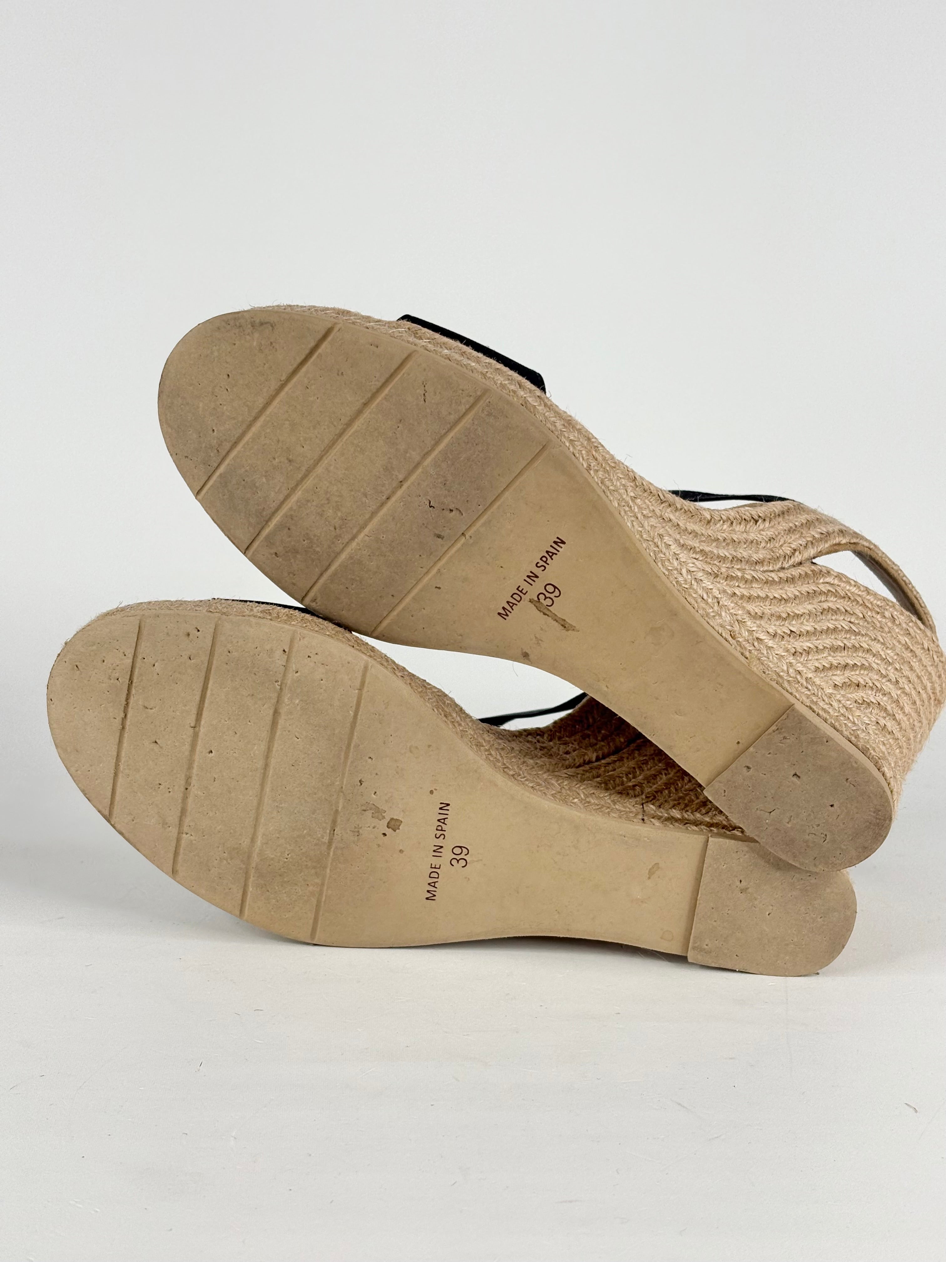 Husk Black Leather & Raffia Espadrille Wedges - EU39